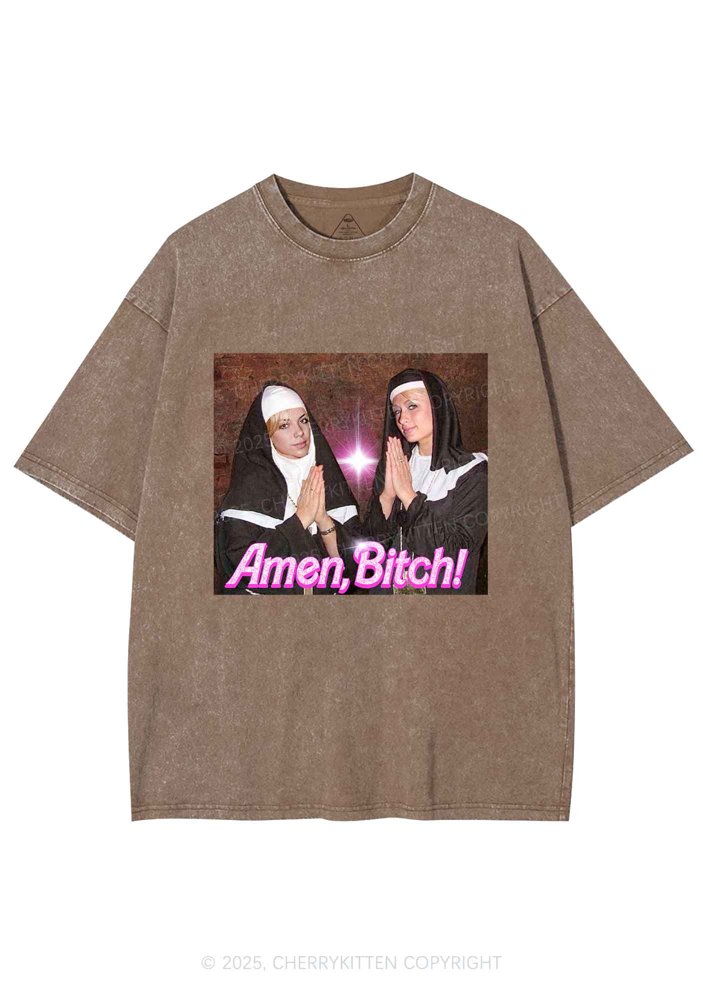 Custom Amen Bxtch Y2K Shirts Washed Tee Cherrykitten - Image 7