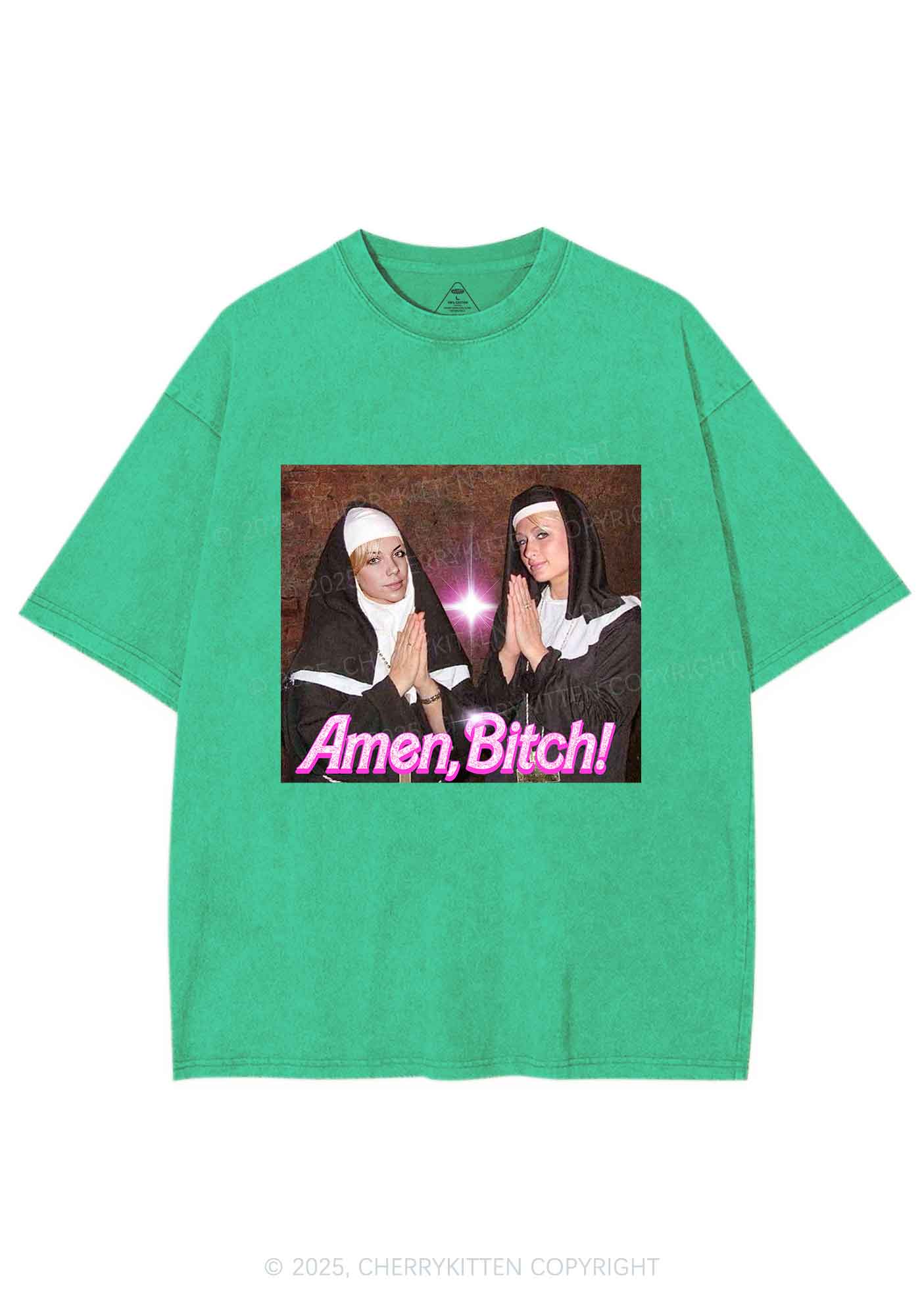 Custom Amen Bxtch Y2K Shirts Washed Tee Cherrykitten - Image 8