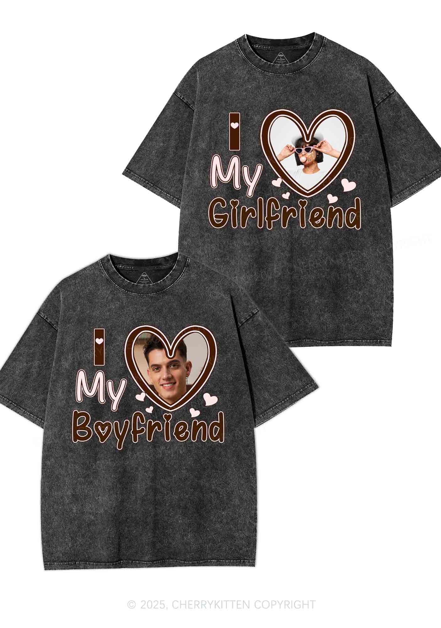 Custom BF GF Brown Heart Y2K Valentine's Day Washed Tee Cherrykitten - Image 4