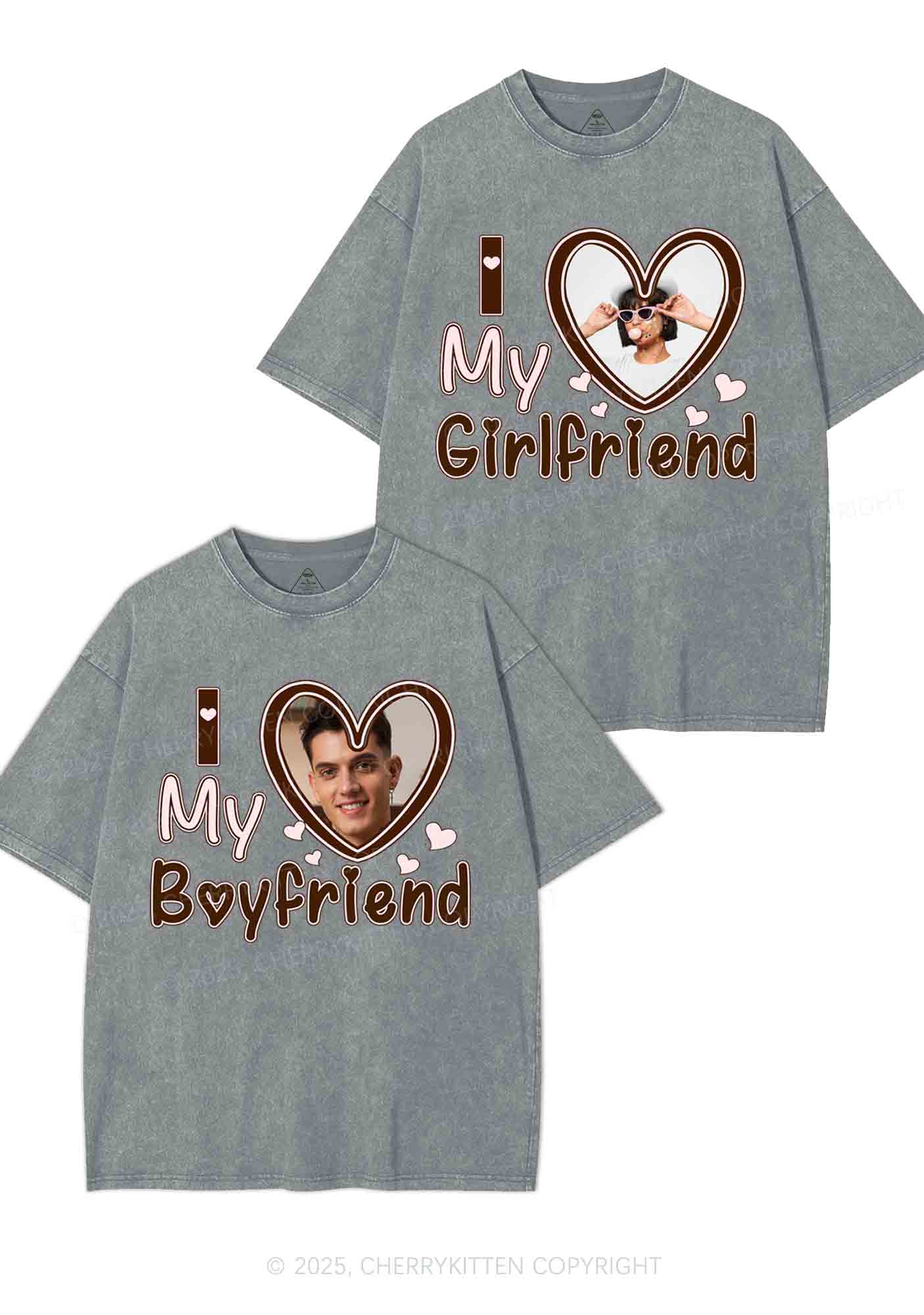 Custom BF GF Brown Heart Y2K Valentine's Day Washed Tee Cherrykitten - Image 9