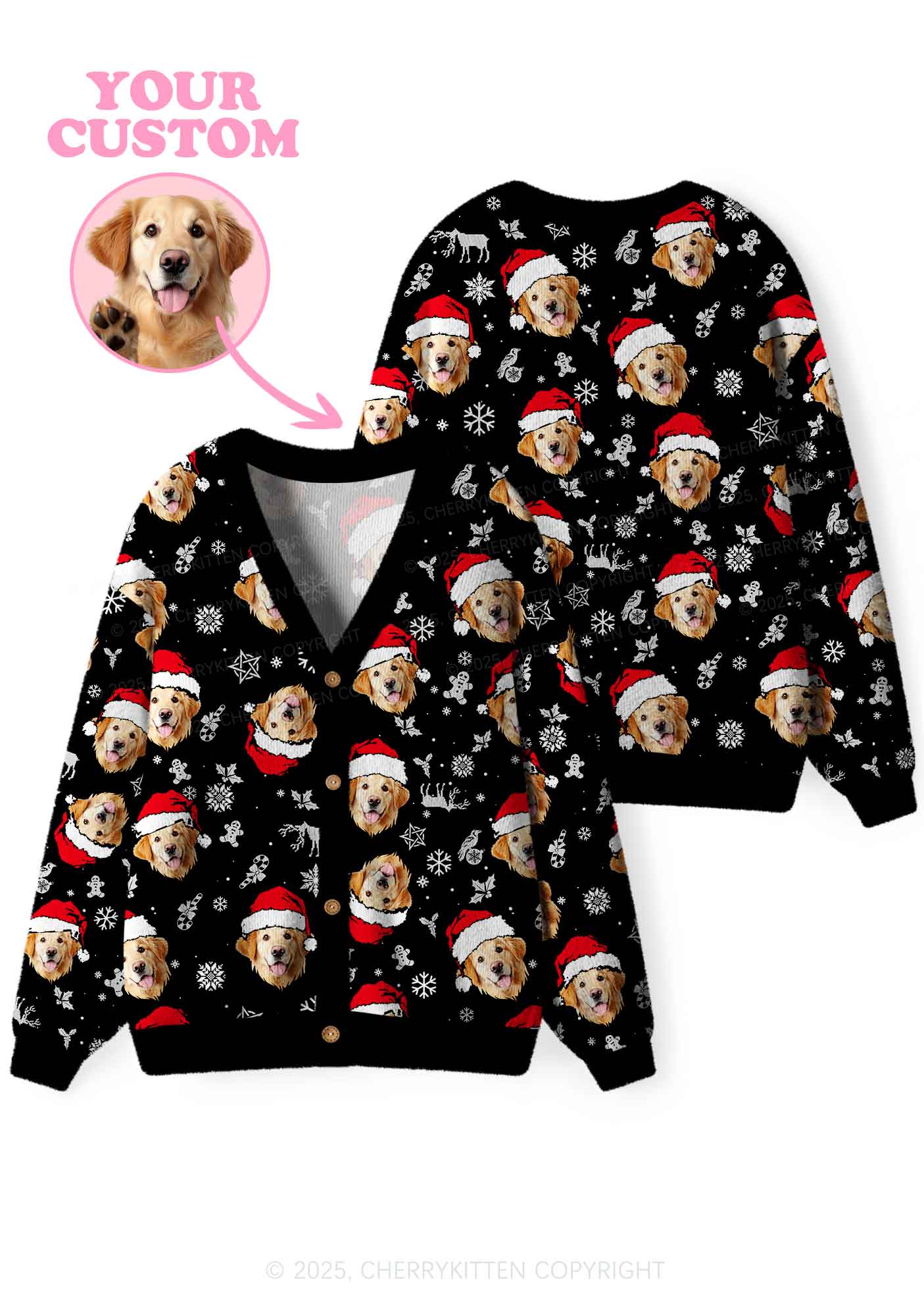 Custom Black Christmas Dog Face Y2K Christmas Cardigan Knit Sweatshirt Cherrykitten - Image 3