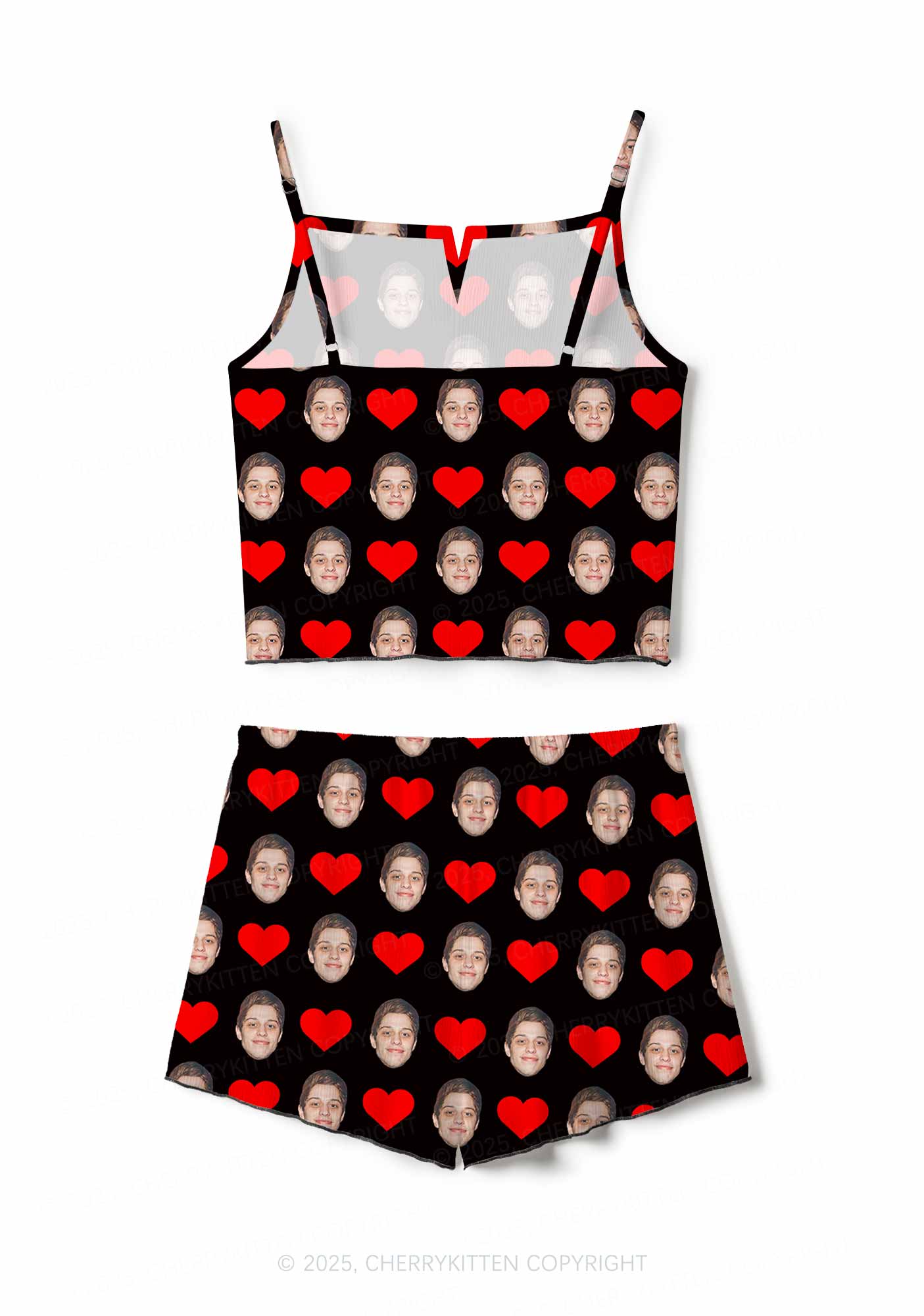 Custom Black Hearts Photo Y2K Valentine's Day Print Cami Shorts Pajama Set Cherrykitten - Image 3