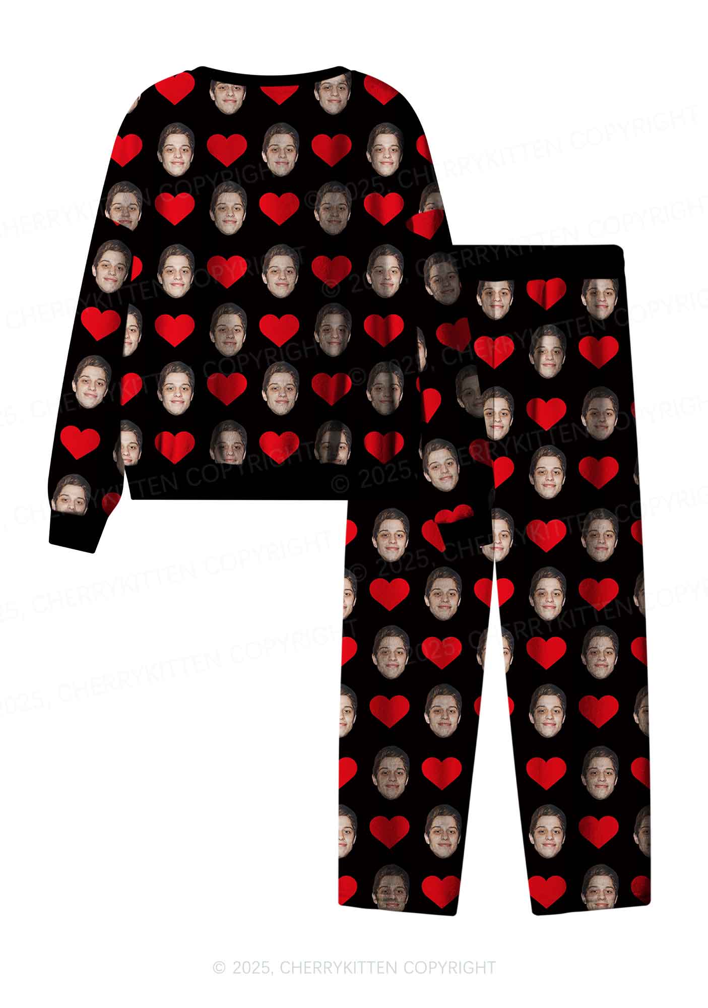 Custom Black Hearts Photo Y2K Valentine's Day Y2K Fleece Long Sleeve Pajama Set Cherrykitten - Image 3