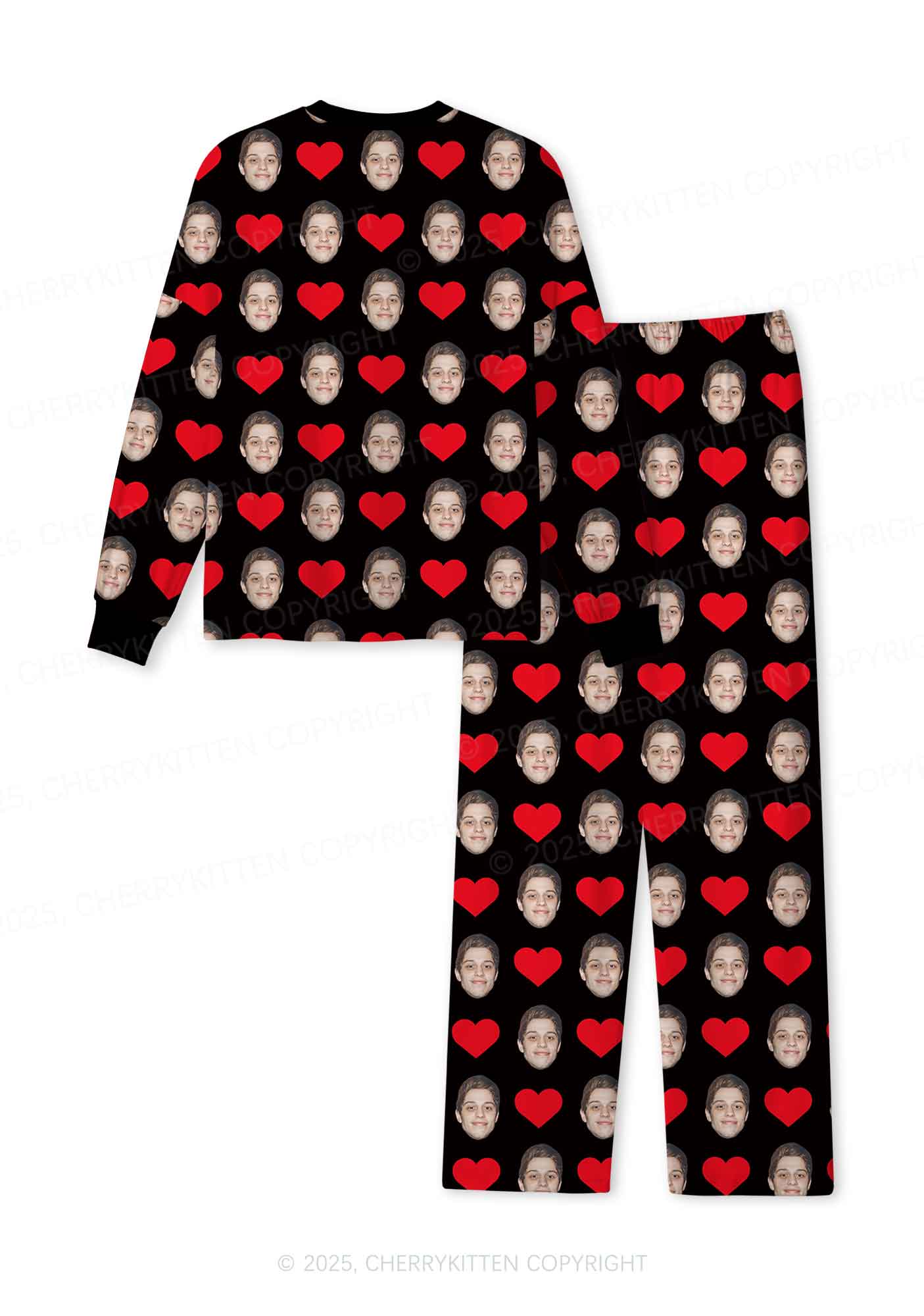 Custom Black Hearts Photo Y2K Valentine's Day Y2K Print Long Sleeve Pajama Set Cherrykitten - Image 3