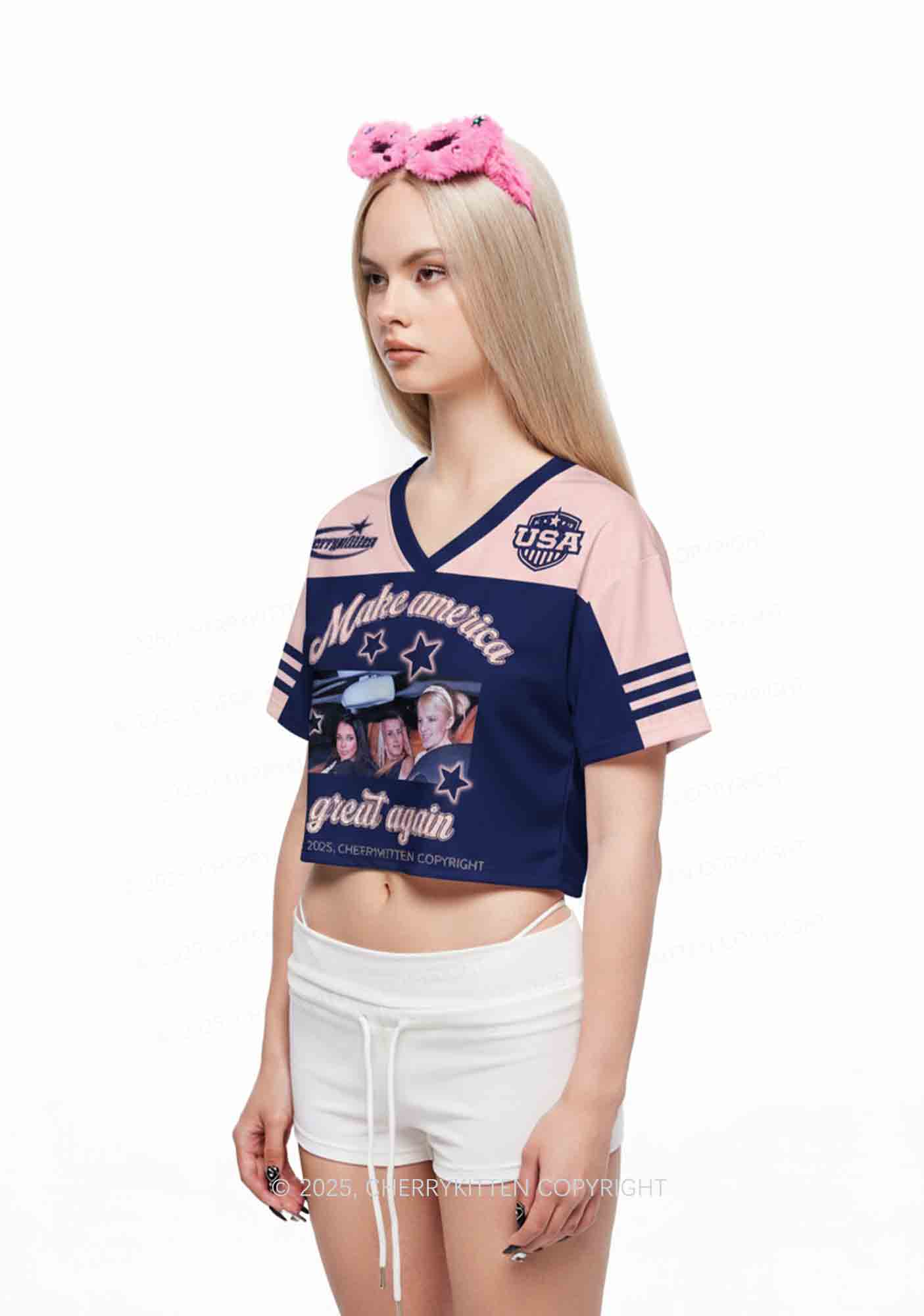 Custom Blue Make America Great Again Y2K Crop Sport Jersey Shirts Cherrykitten - Image 2