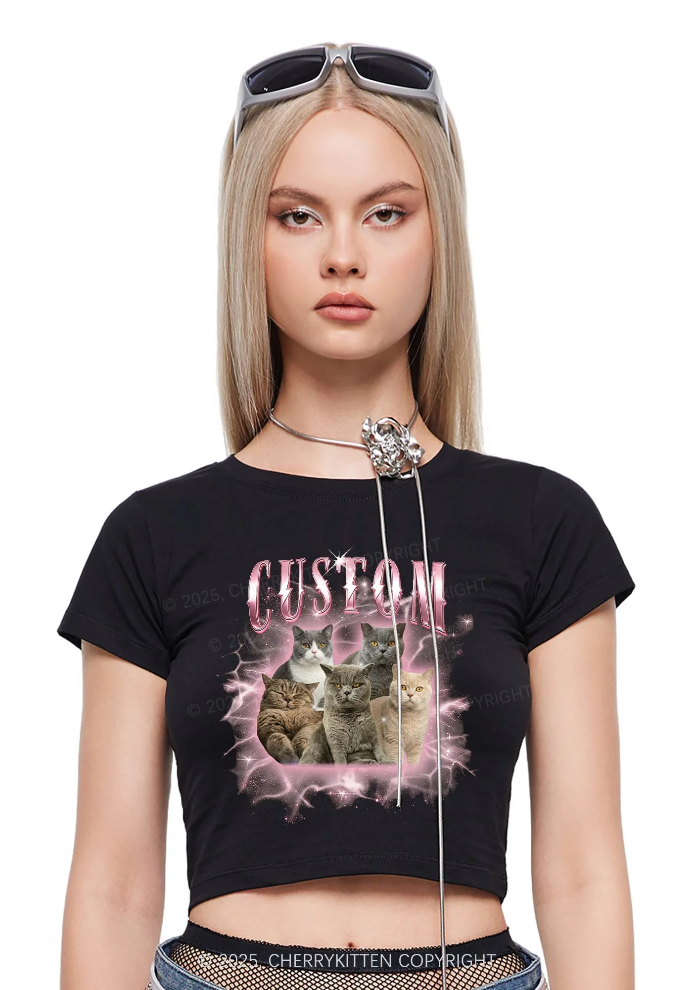 Custom Cat Photo Art Y2K Baby Tee Cherrykitten - Image 3