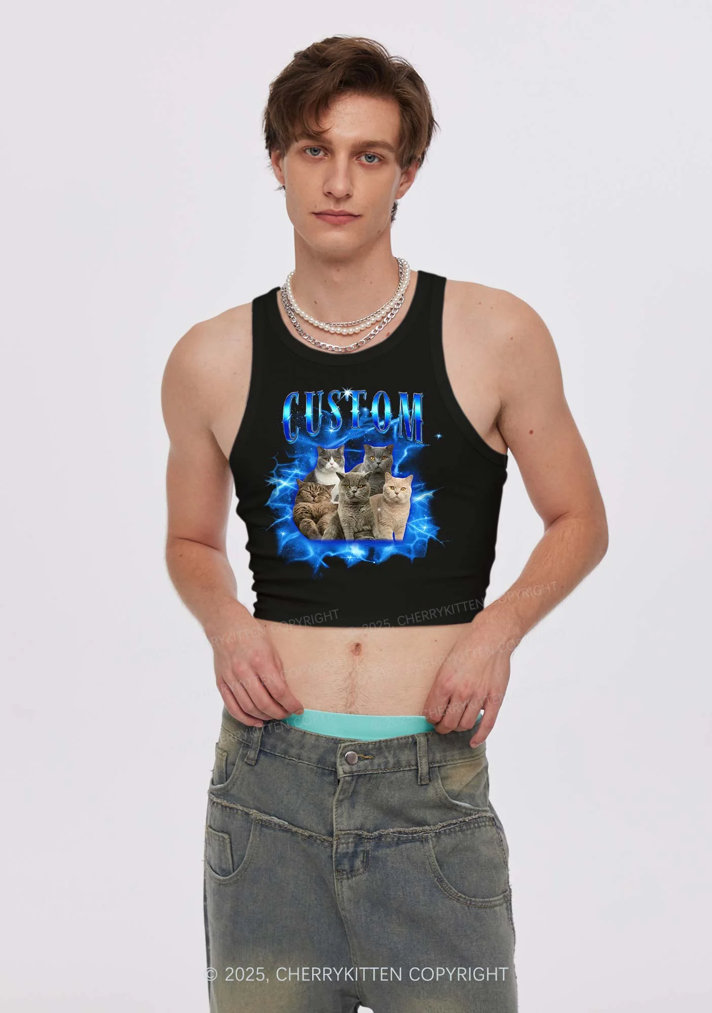 Custom Cat Photo Art Y2K Crop Tank Top Cherrykitten - Image 3