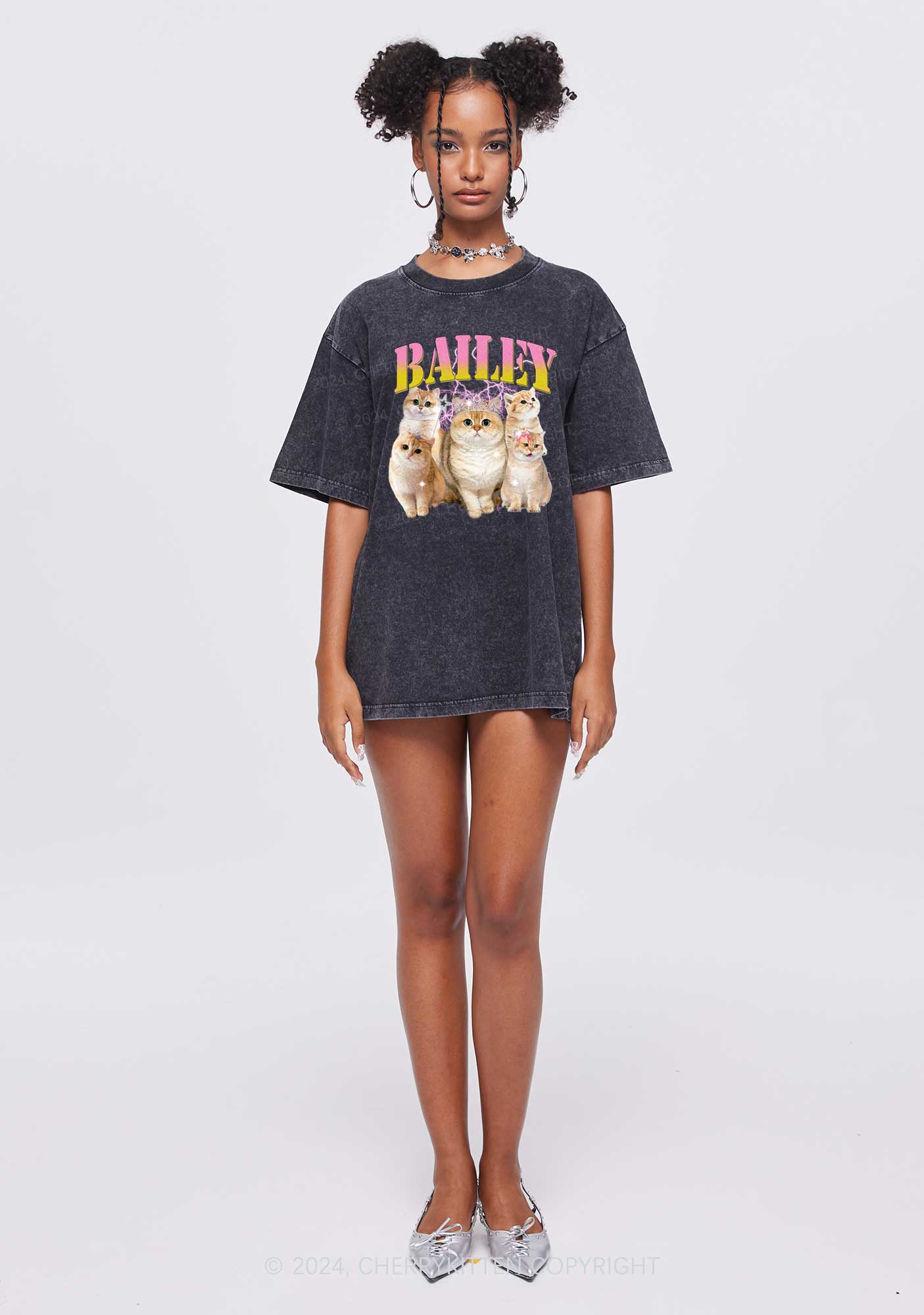 Custom Cat Photo Y2K Washed Tee Cherrykitten - Image 2