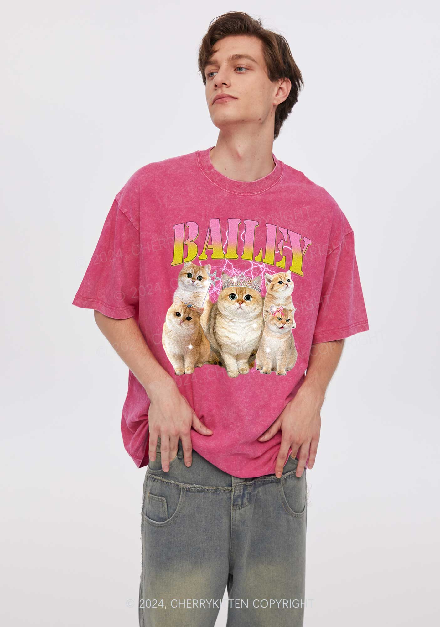 Custom Cat Photo Y2K Washed Tee Cherrykitten - Image 3