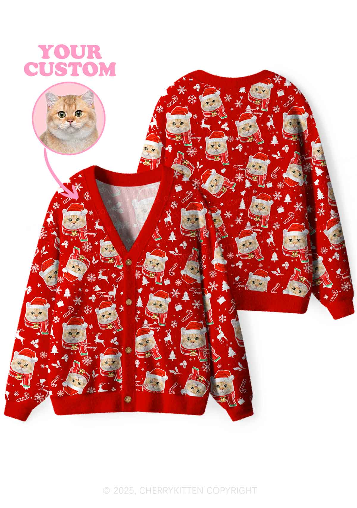Custom Christmas Candy Cat Face Y2K Christmas Cardigan Knit Sweatshirt Cherrykitten - Image 3