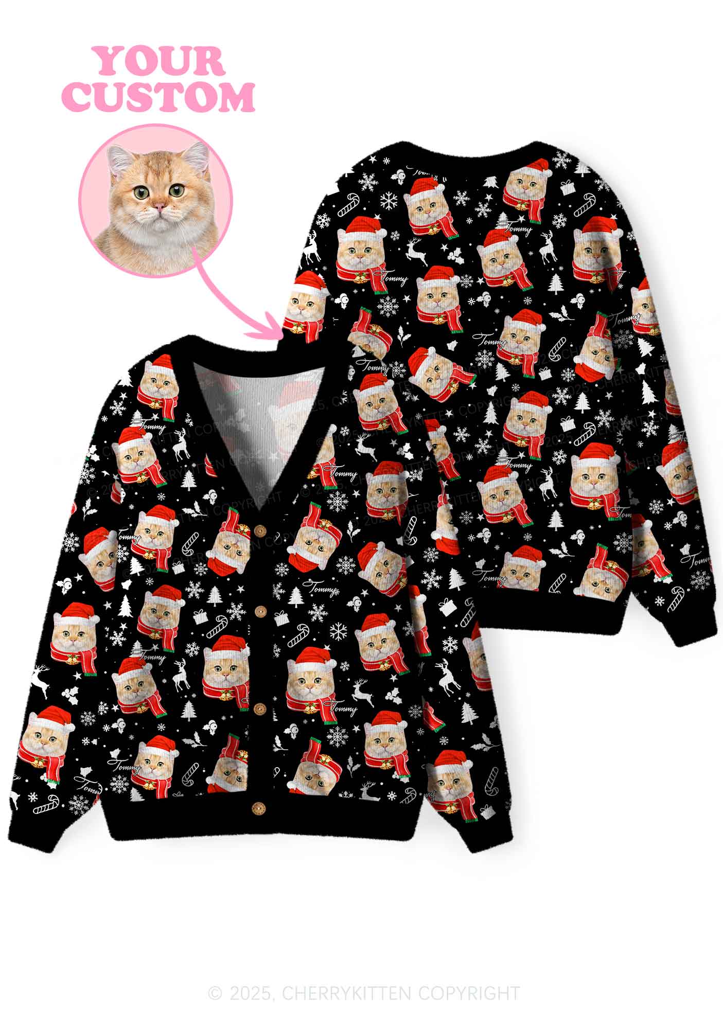 Custom Christmas Cat Face Y2K Christmas Cardigan Knit Sweatshirt Cherrykitten - Image 3