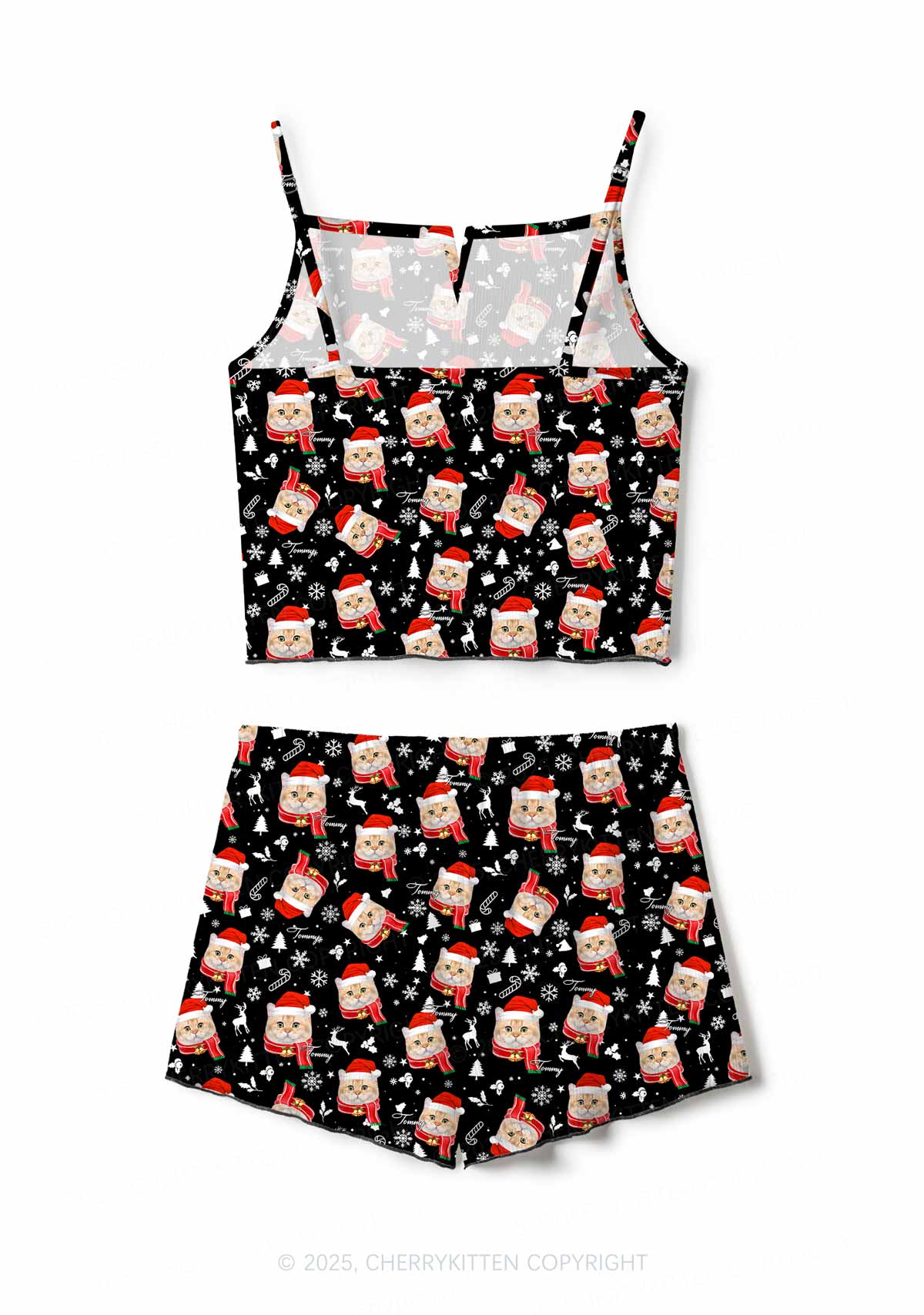Custom Christmas Cat Face Y2K Print Cami Shorts Pajama Set Cherrykitten - Image 3