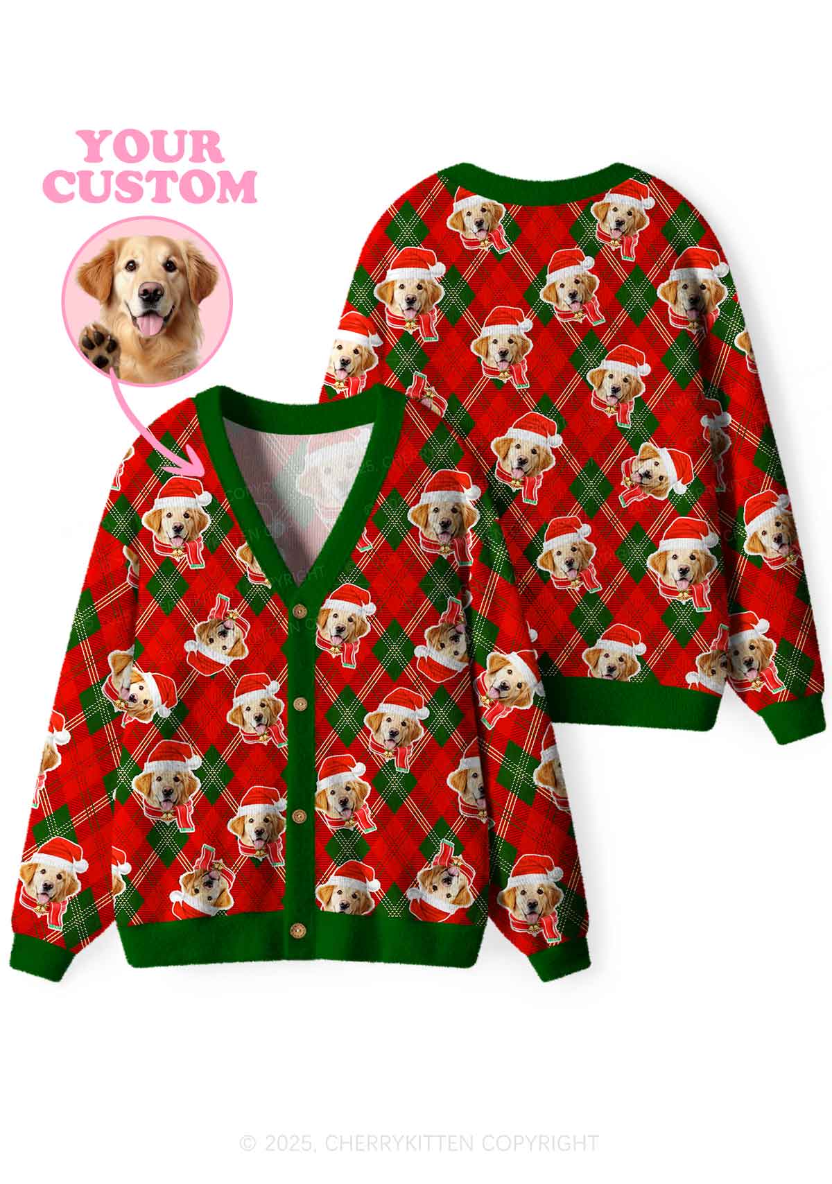 Custom Christmas Dog Face Y2K Christmas Cardigan Knit Sweatshirt Cherrykitten - Image 3