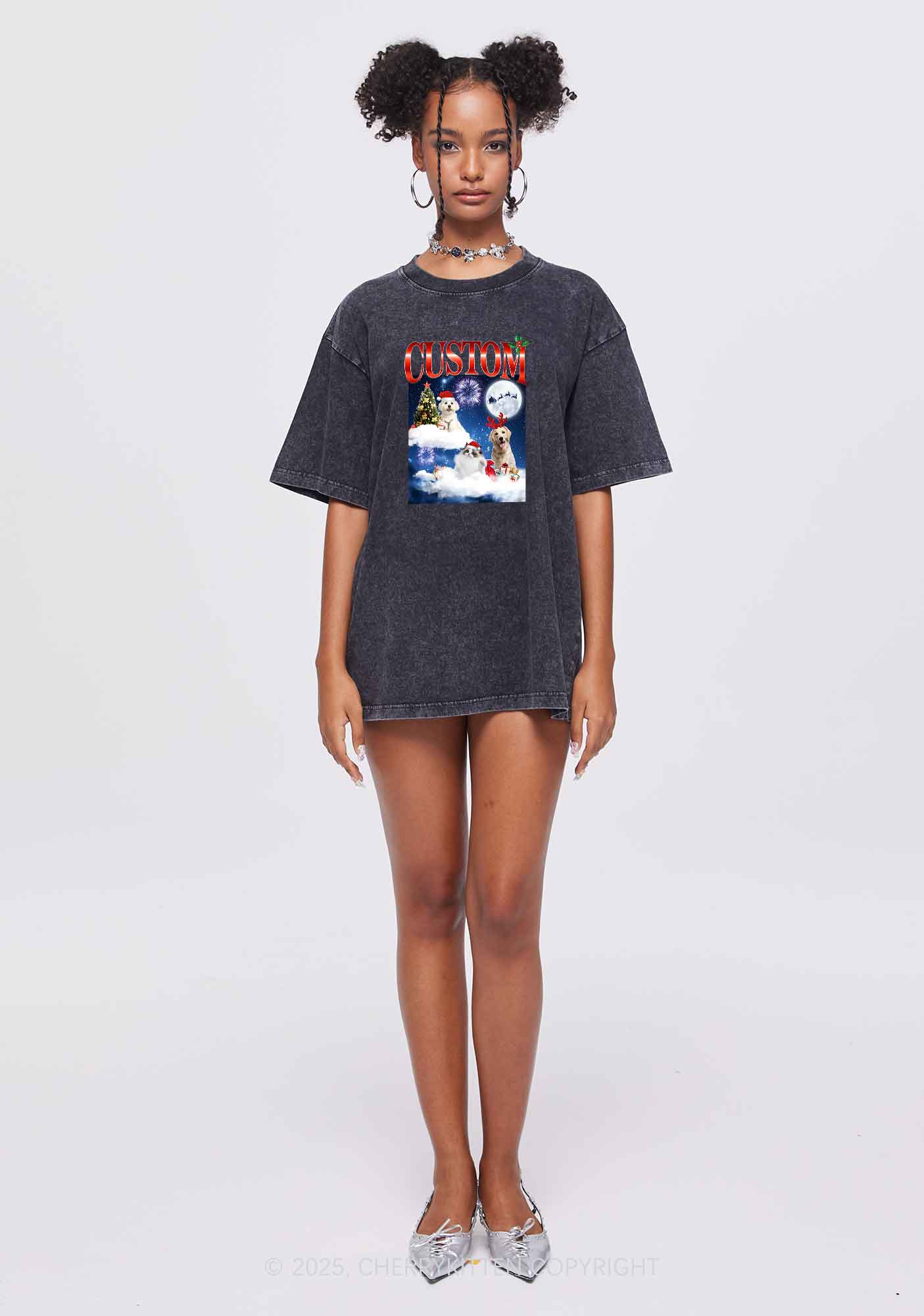 Custom Christmas Pet Y2K Shirts Washed Tee Cherrykitten - Image 2