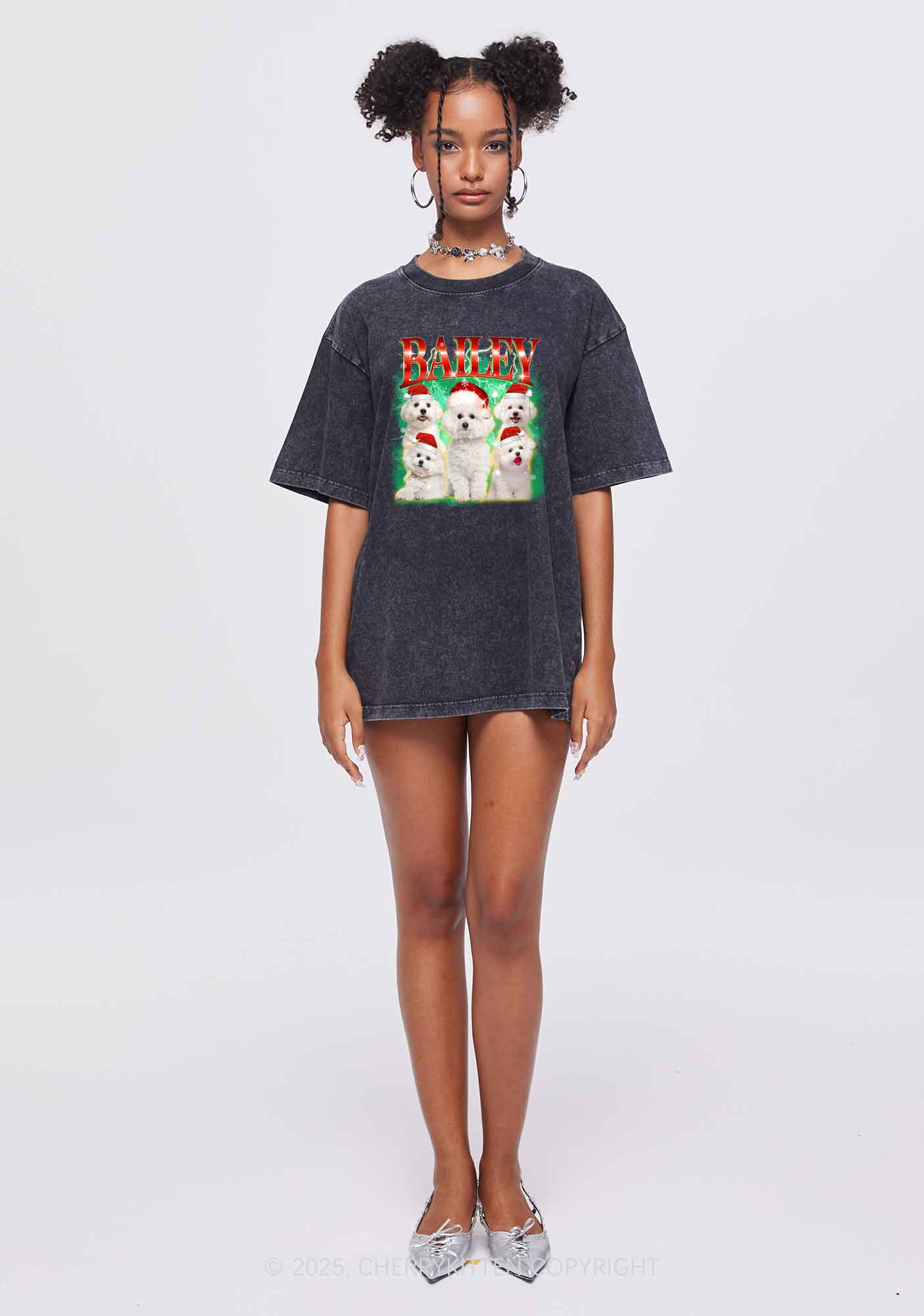 Custom Christmas Puppy Y2K Shirts Washed Tee Cherrykitten - Image 2