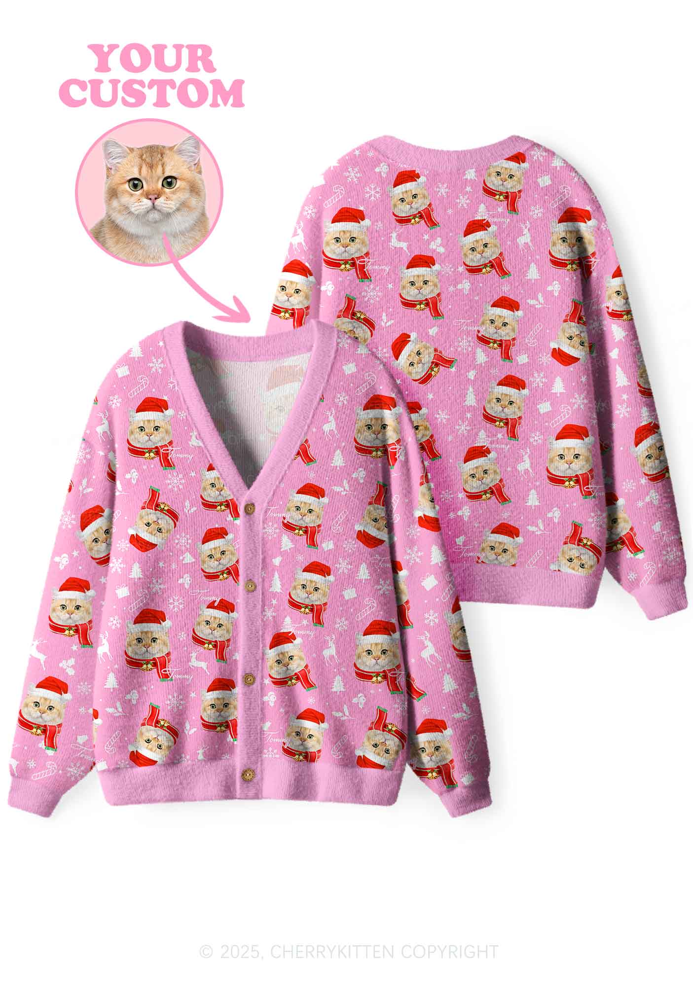 Custom Christmas Sweet Cat Face Y2K Christmas Cardigan Knit Sweatshirt Cherrykitten - Image 3