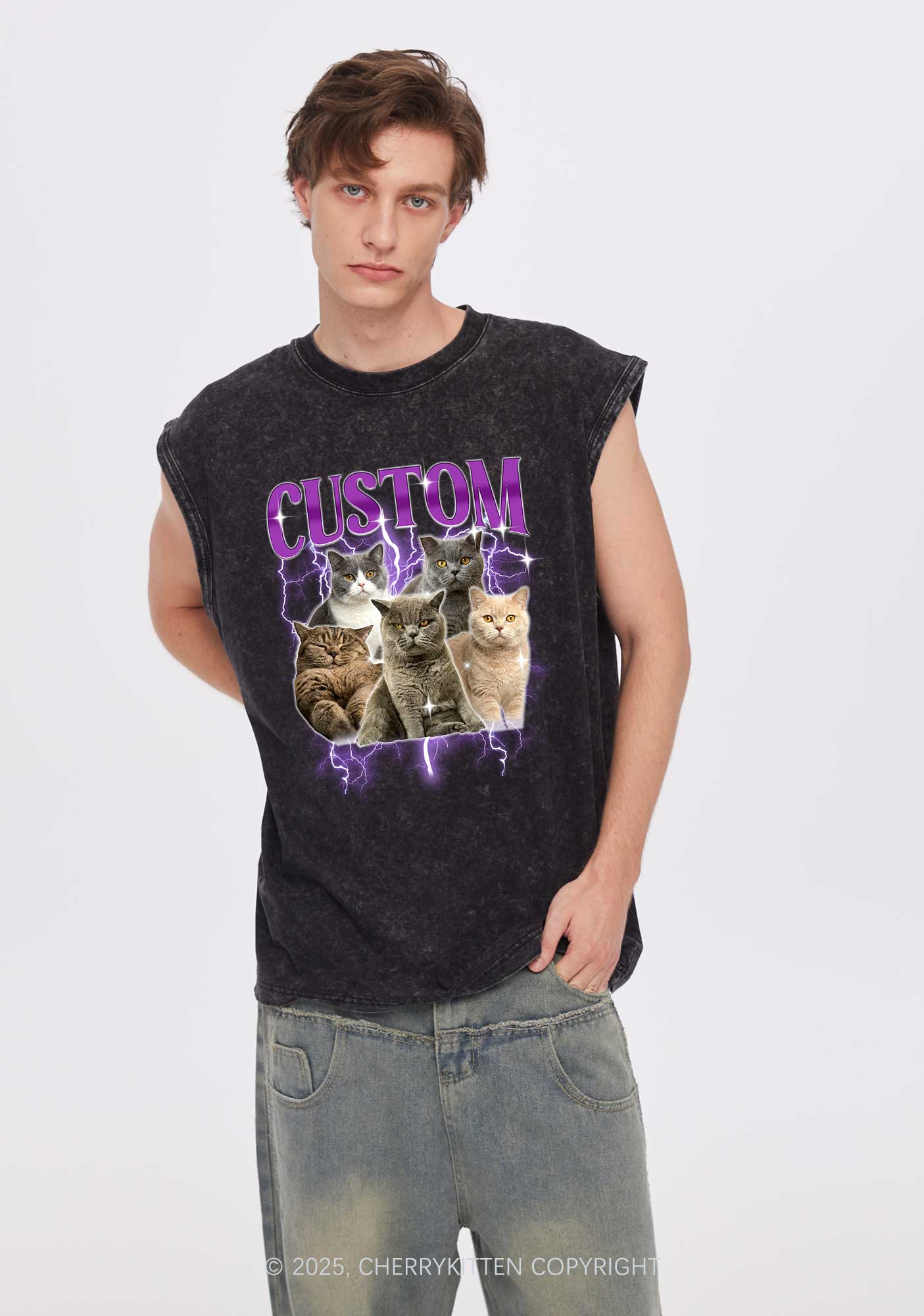 Custom Collage Pet Photo Y2K Washed Muscle Tank Cherrykitten - Image 3