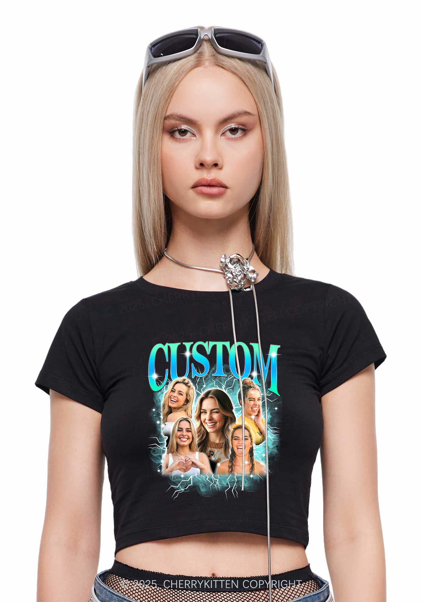 Custom Collage Portrait Y2K Baby Tee Cherrykitten - Image 3