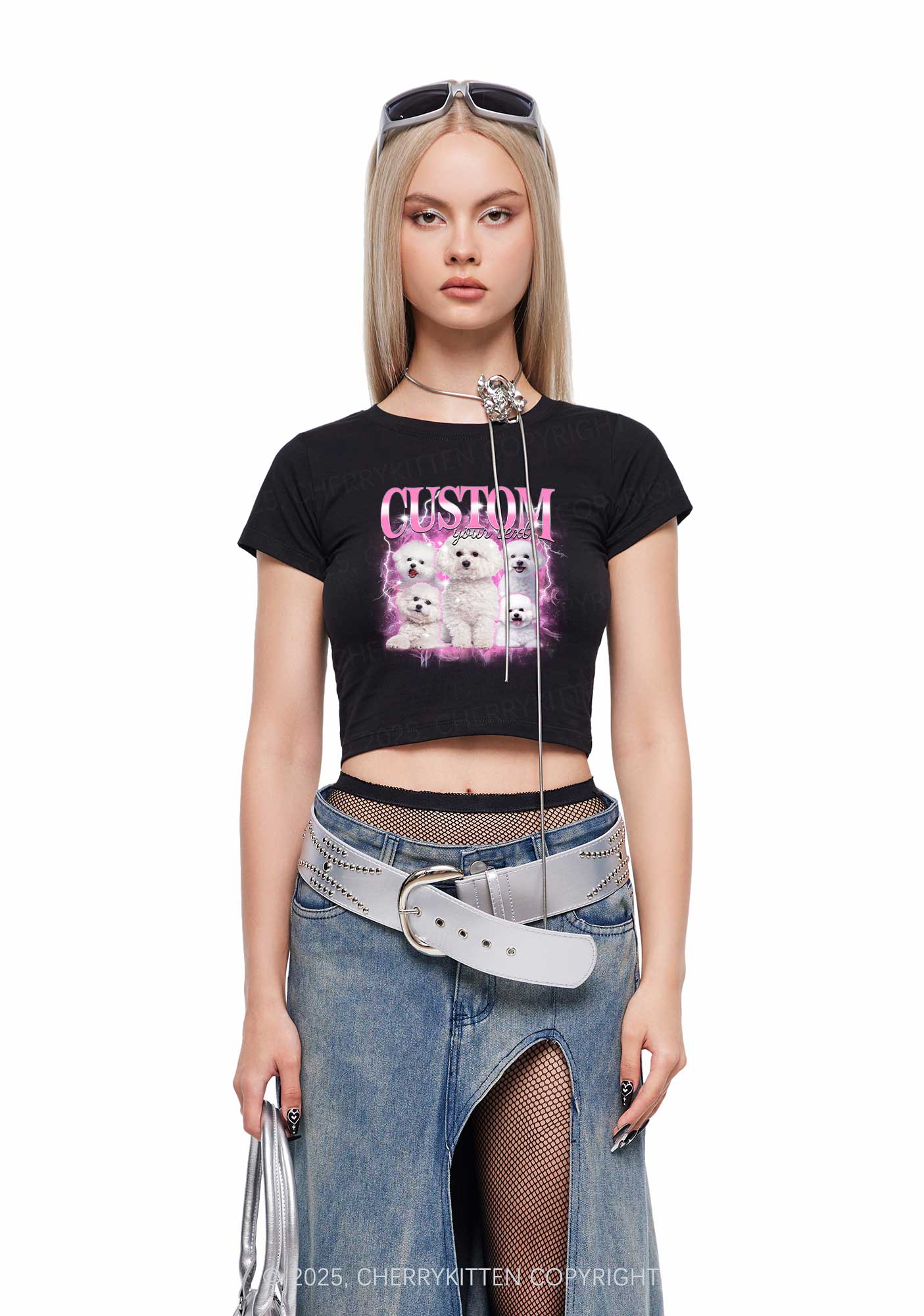 Custom Cute Puppy Photo Y2K Baby Tee Cherrykitten - Image 2