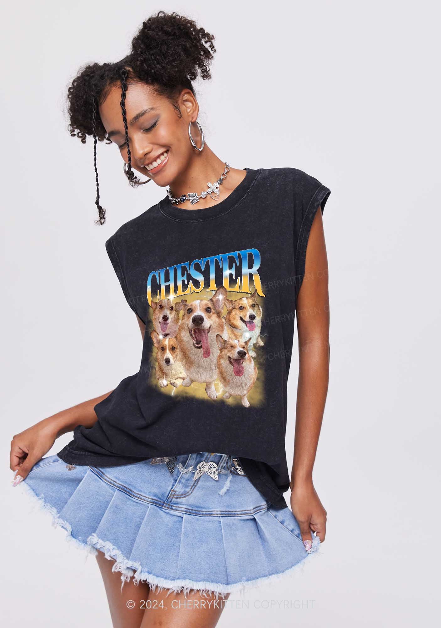 Custom Dog Photo Y2K Washed Tank Cherrykitten - Image 3