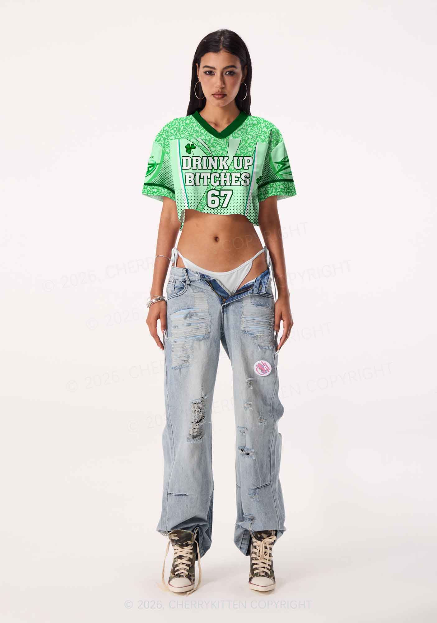 Custom Drink Up Bxxches St Patricks Y2K Crop Sport Jersey Shirts Cherrykitten - Image 2