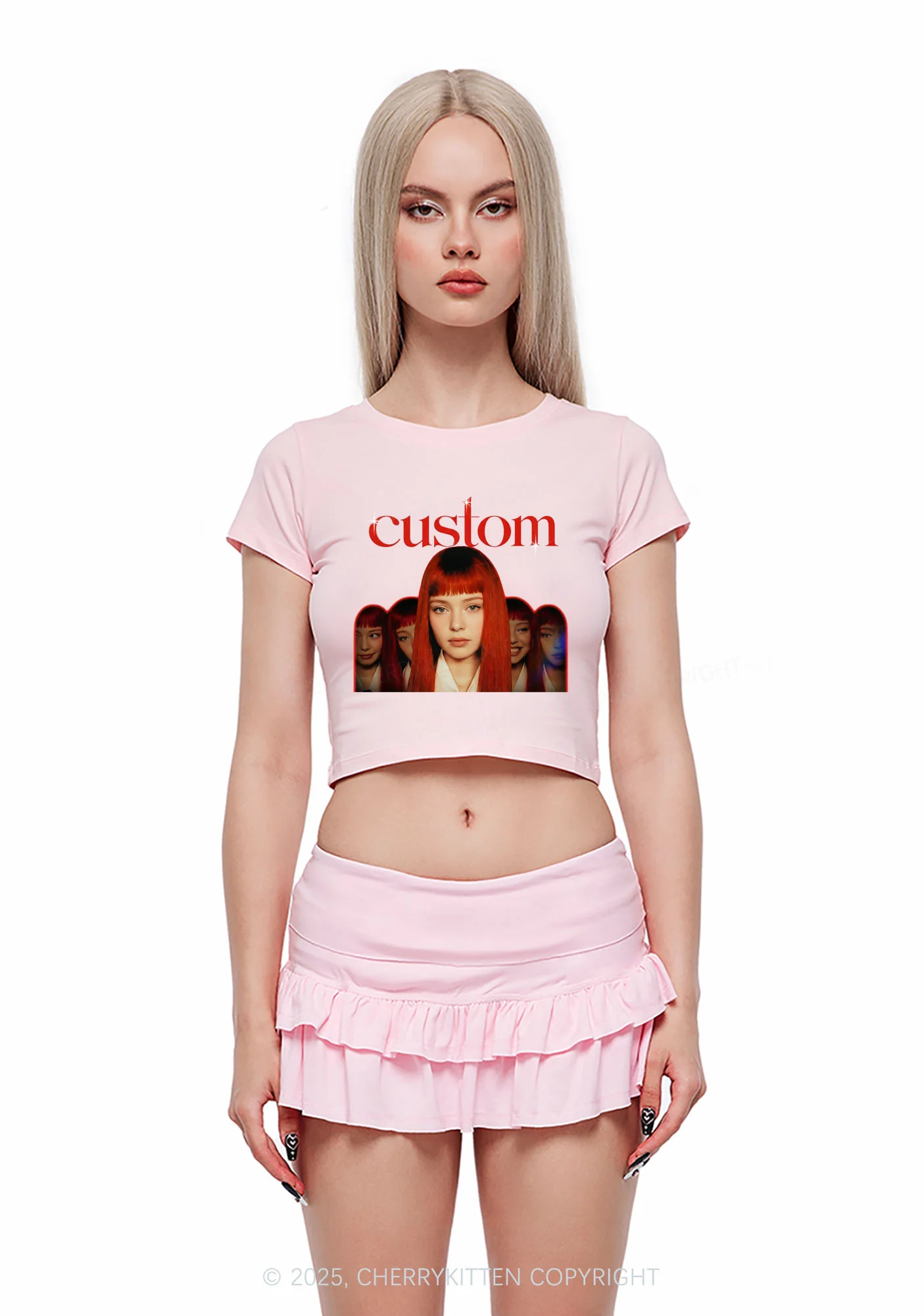 Custom Five Portraits Y2K Baby Tee Cherrykitten - Image 2