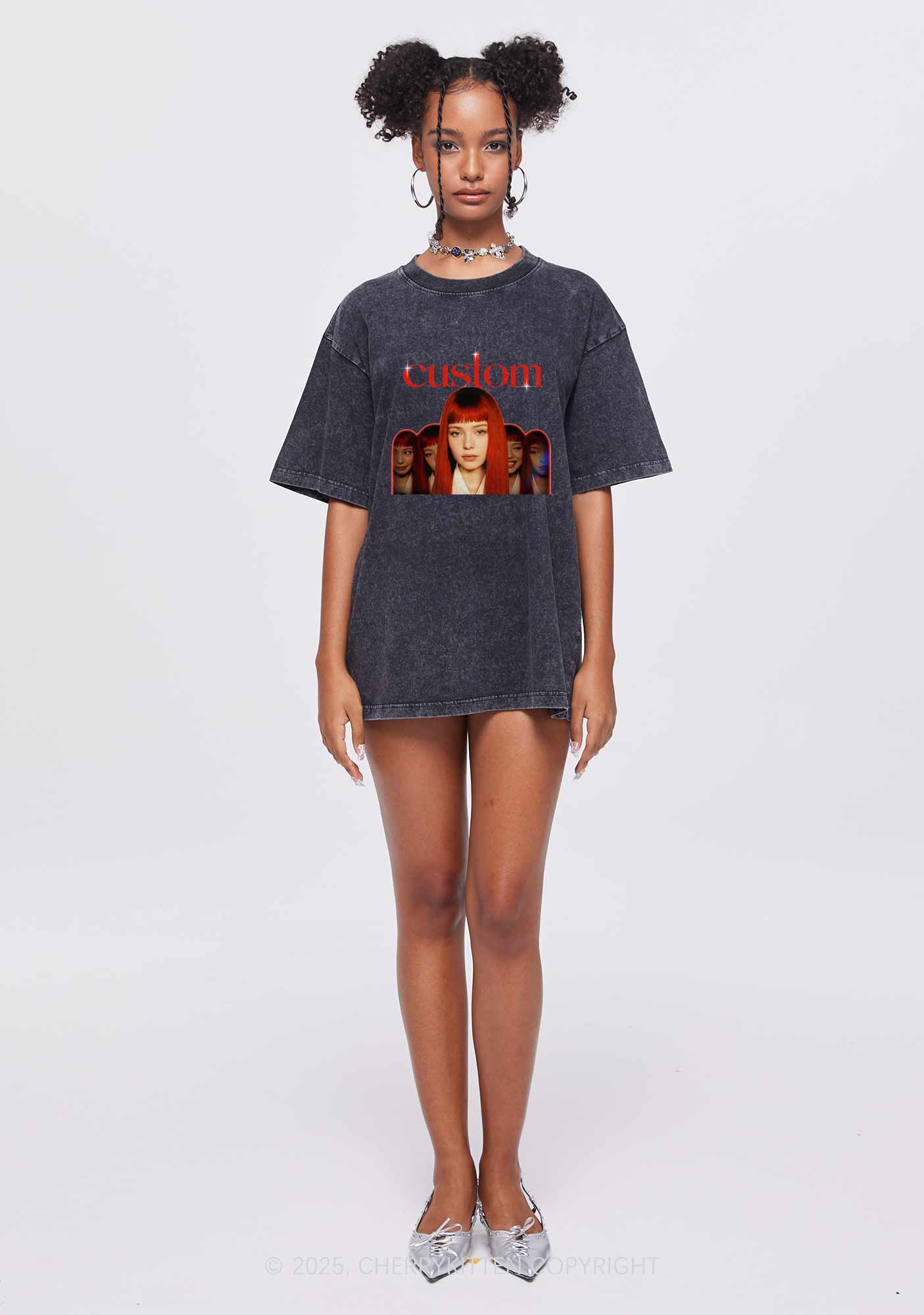 Custom Five Portraits Y2K Shirts Washed Tee Cherrykitten - Image 2