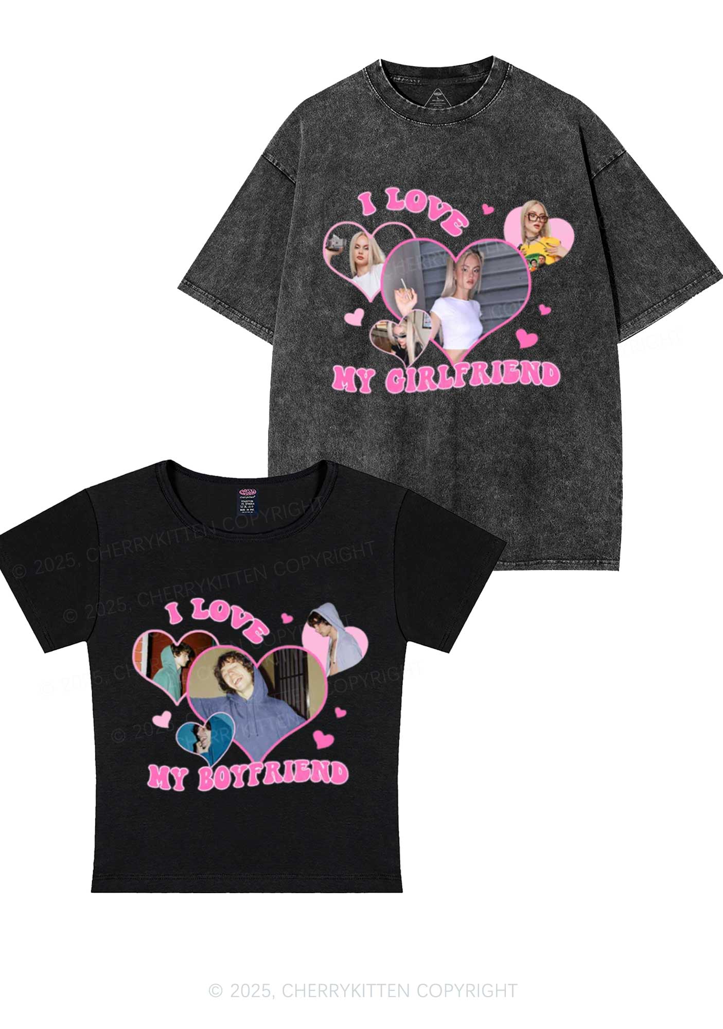 Custom GF BF Photo Y2K Valentine's Day Couple Shirt Cherrykitten - Image 2