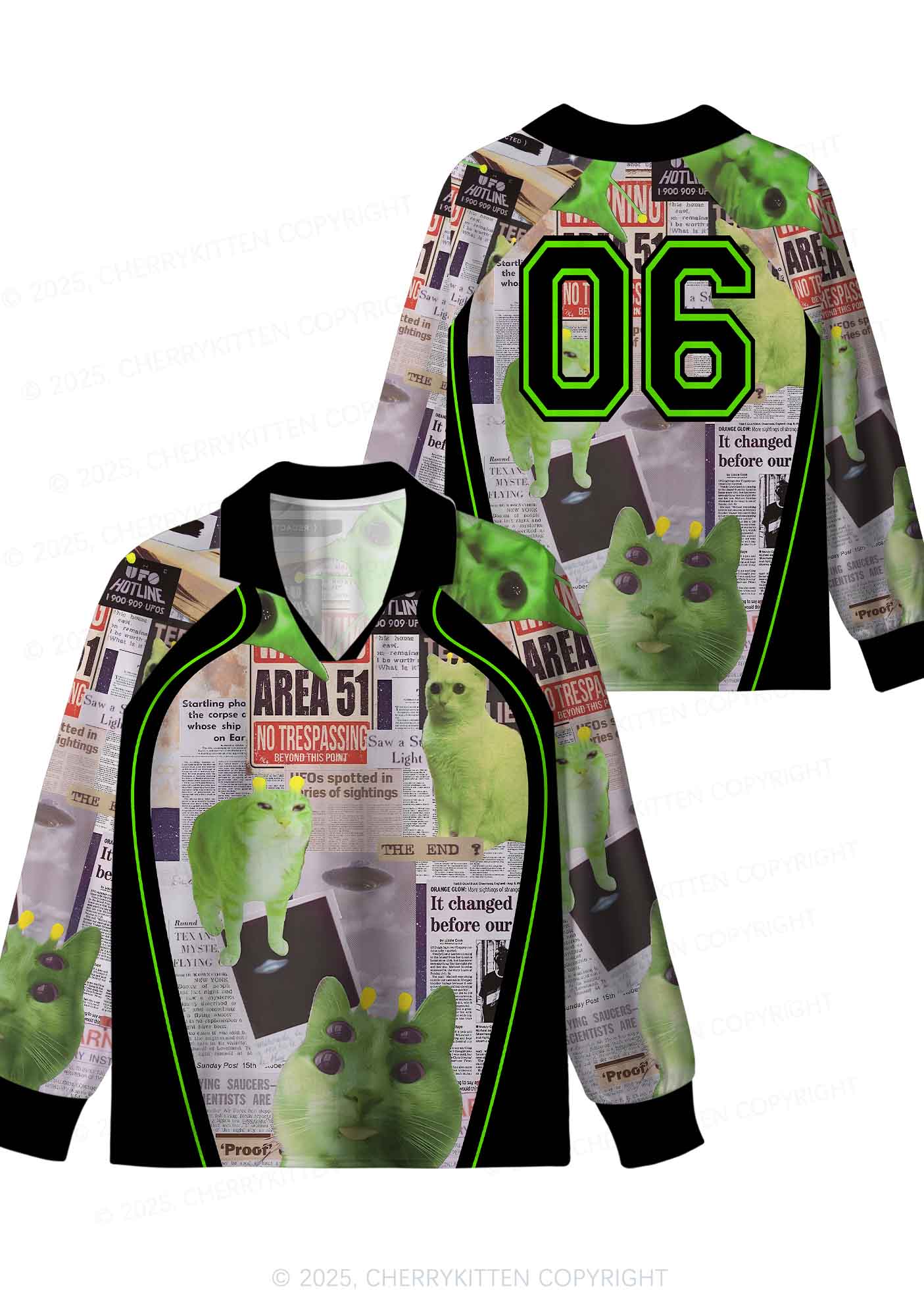 Custom Green Alien Kitten Y2K Sport Long Sleeve Jersey Shirts Cherrykitten - Image 3