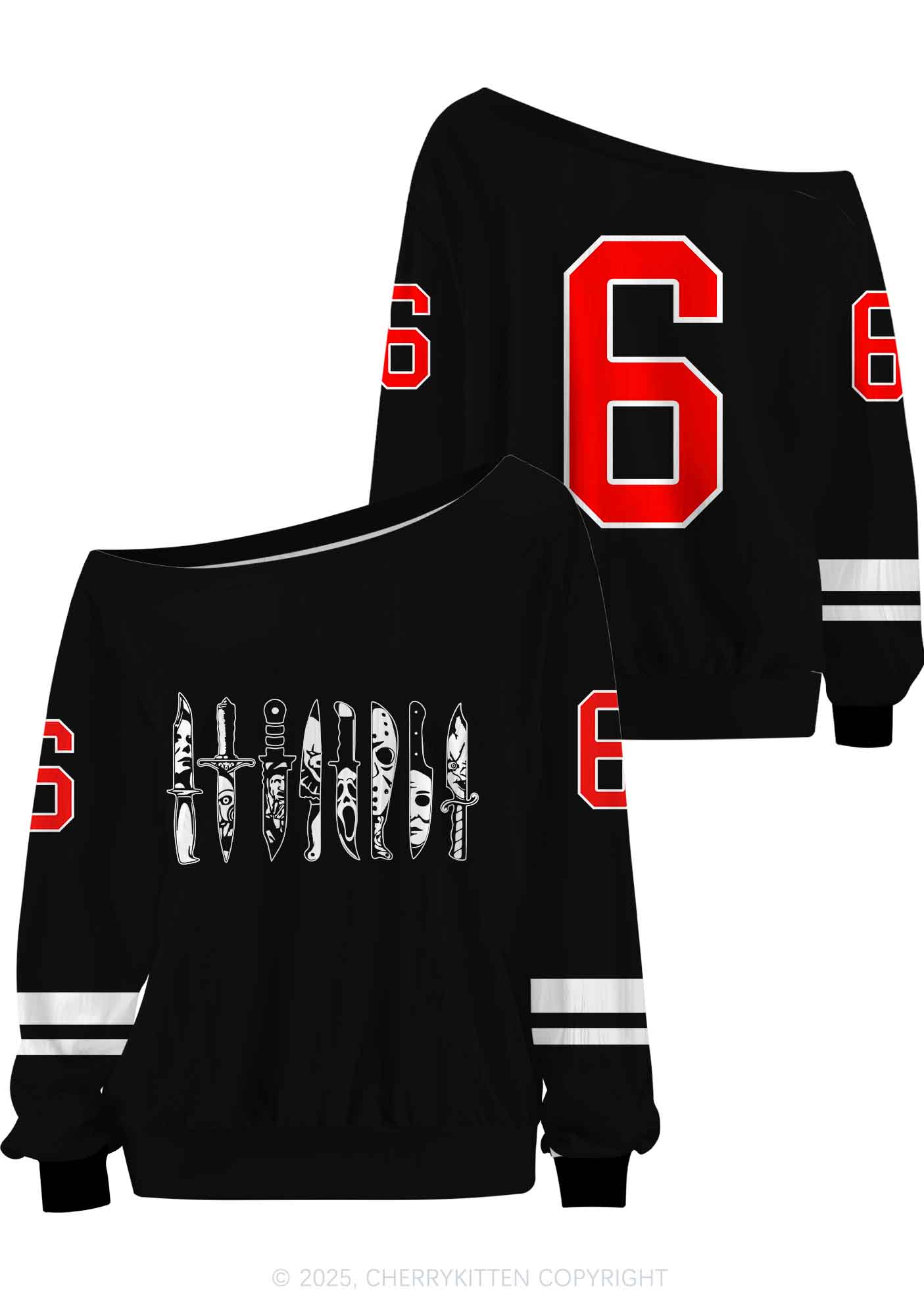 Custom Halloween Ghost Knife Y2K Off Shoulder Long Sleeve Sport Jersey Shirts Cherrykitten - Image 3