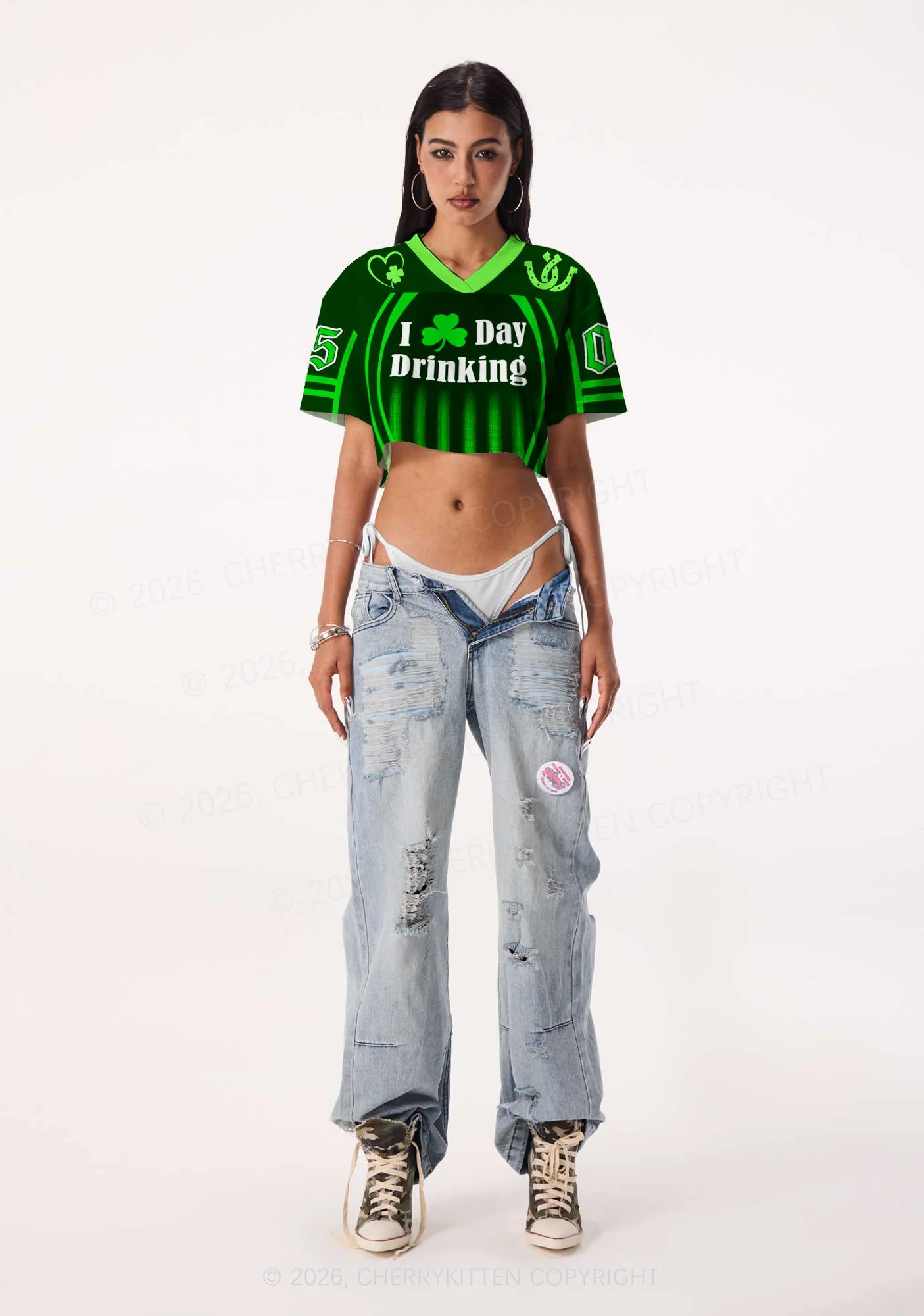 Custom I Love Day Drinking St Patricks Y2K Crop Sport Jersey Shirts Cherrykitten - Image 2