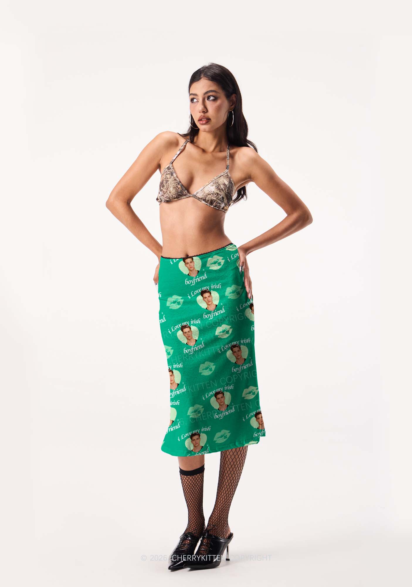 Custom I Love My Irish BF St Patricks Y2K Print Midi Skirt Cherrykitten - Image 2