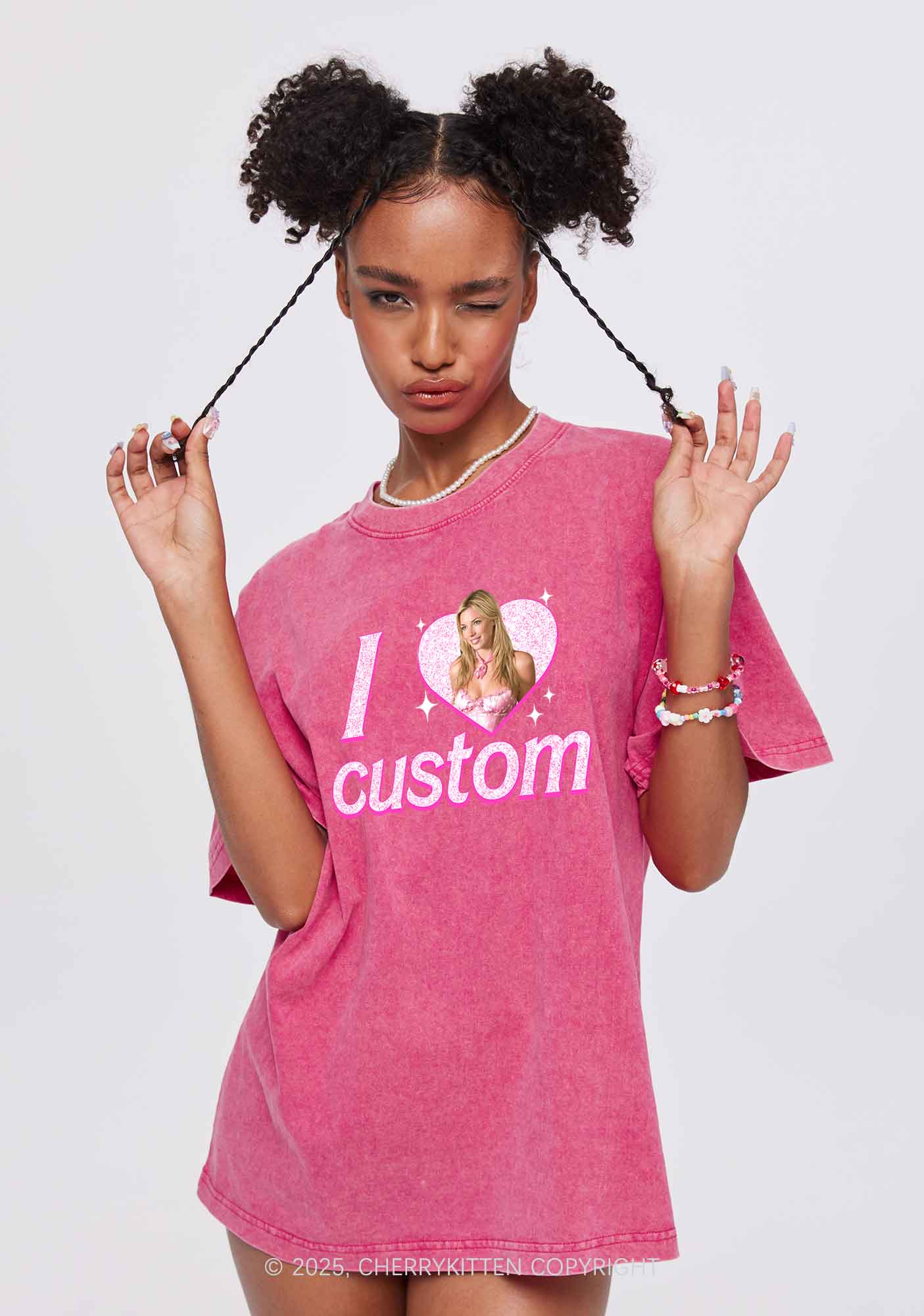 Custom I Love Photo Y2K Shirts Washed Tee Cherrykitten - Image 2
