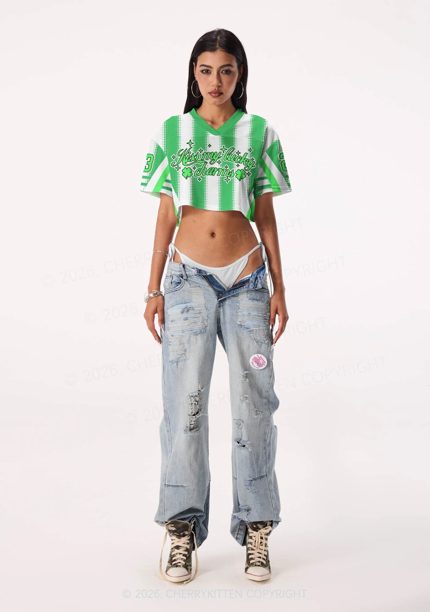 Custom Kiss My Lucky Charms St Patricks Y2K Crop Sport Jersey Shirts Cherrykitten - Image 2