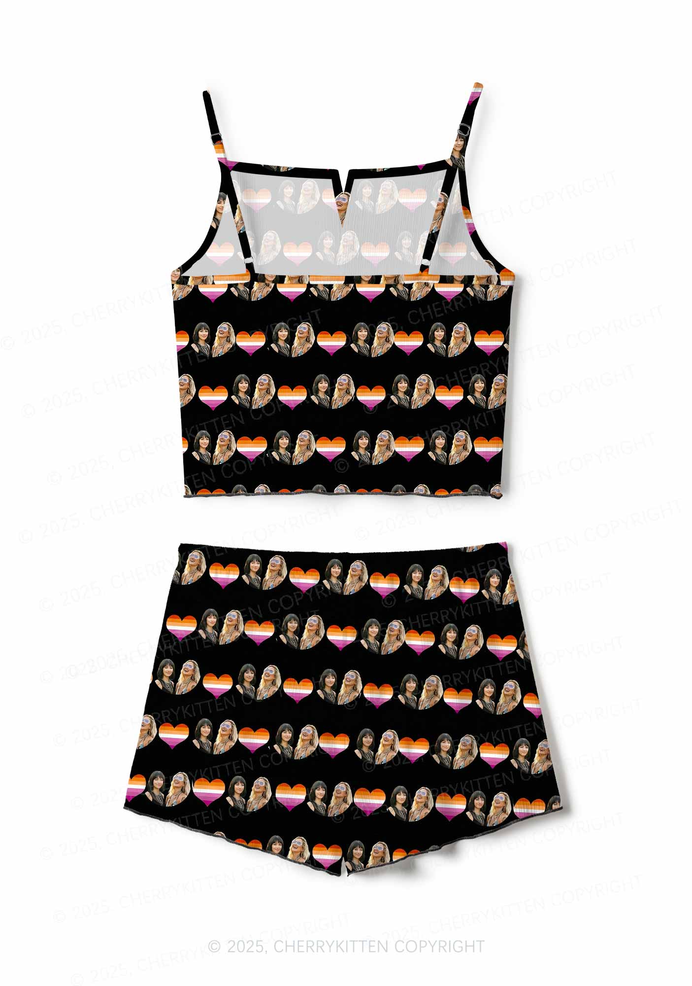 Custom Lesbian Couple Photo Valentine's Day Y2K Print Cami Shorts Pajama Set Cherrykitten - Image 3