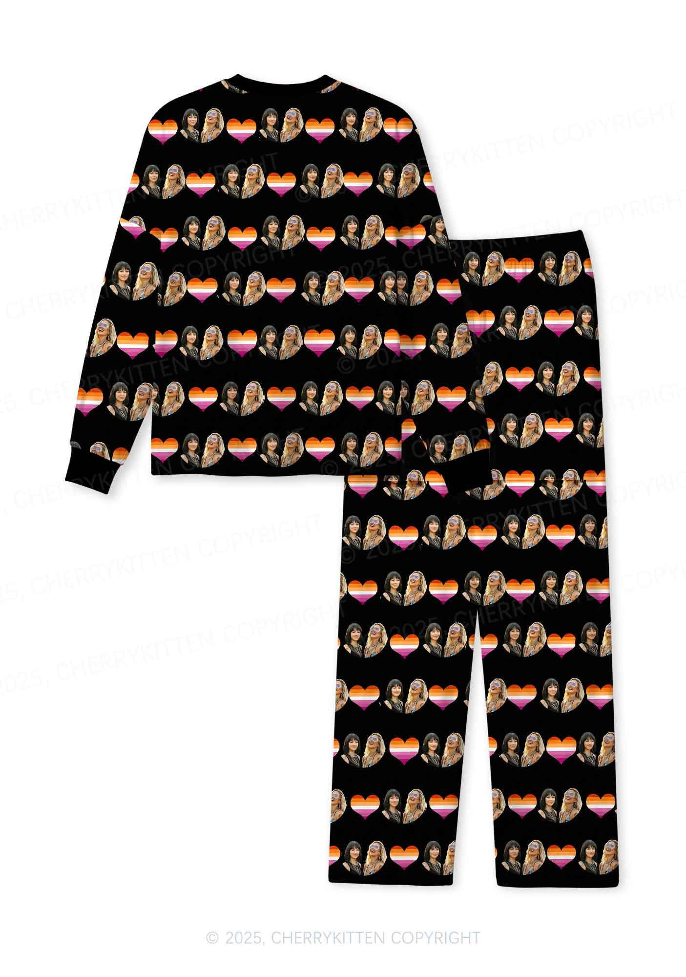 Custom Lesbian Couple Photo Valentine's Day Y2K Print Long Sleeve Pajama Set Cherrykitten - Image 3