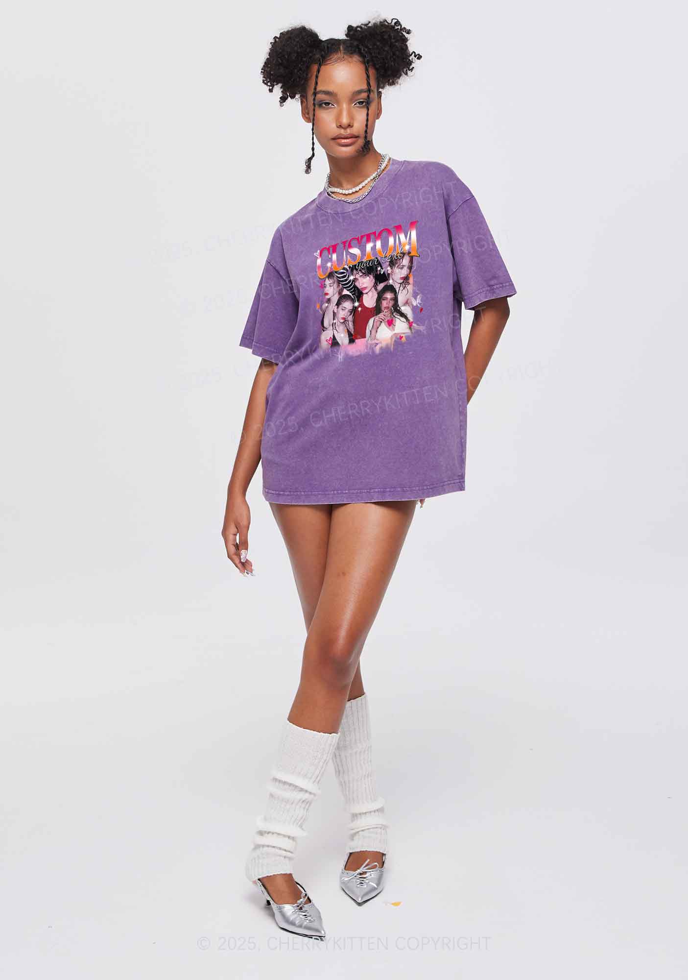 Custom Lesbian Text Pride Y2K Shirts Washed Tee Cherrykitten - Image 2