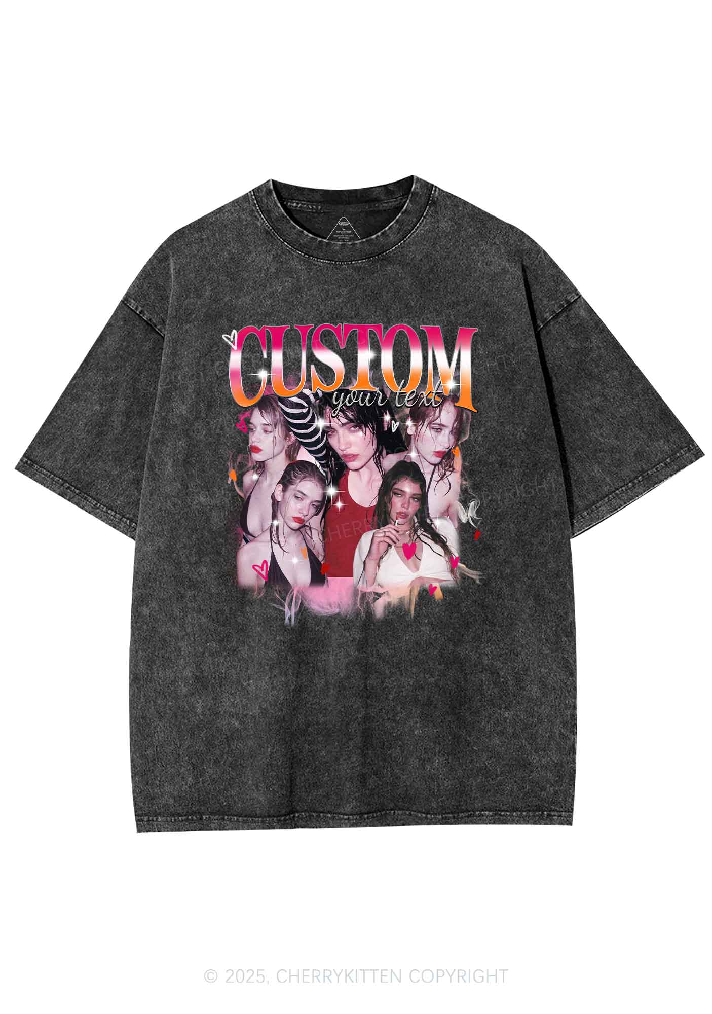 Custom Lesbian Text Pride Y2K Shirts Washed Tee Cherrykitten - Image 3