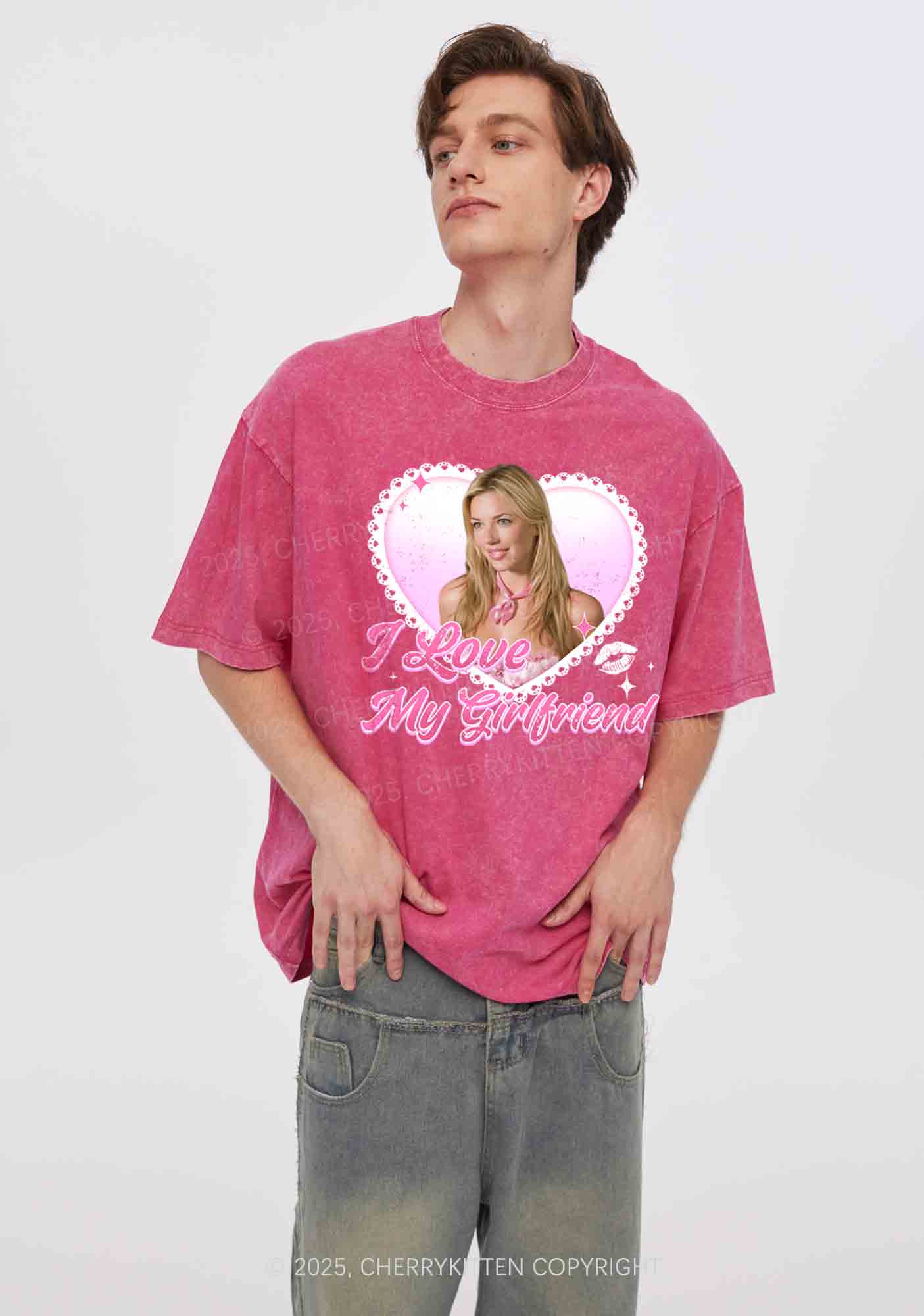 Custom Love My GF BF Photo Y2K Valentine's Day Washed Tee Cherrykitten - Image 3