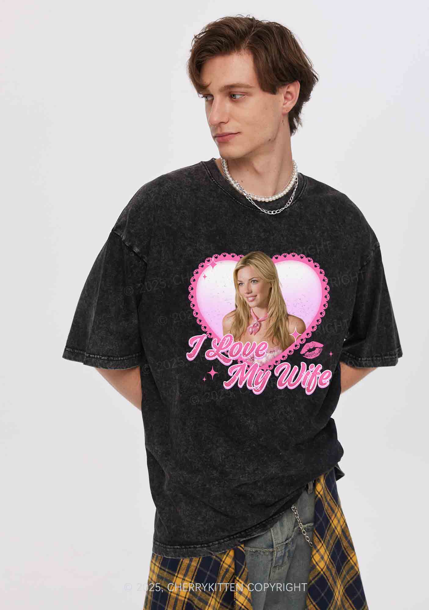 Custom Love My Wife Photo Y2K Valentine's Day Washed Tee Cherrykitten - Image 3