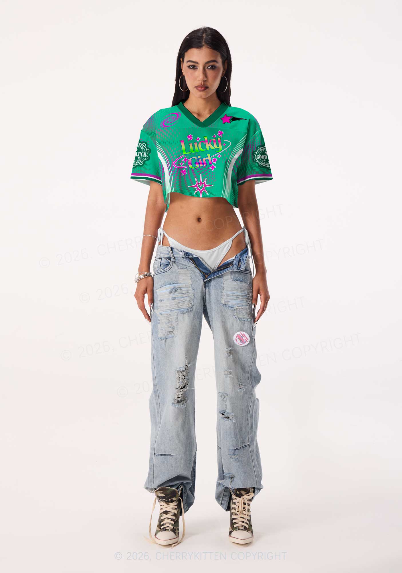 Custom Lucky Girl Pink Shamrock St Patricks Y2K Crop Sport Jersey Shirts Cherrykitten - Image 2