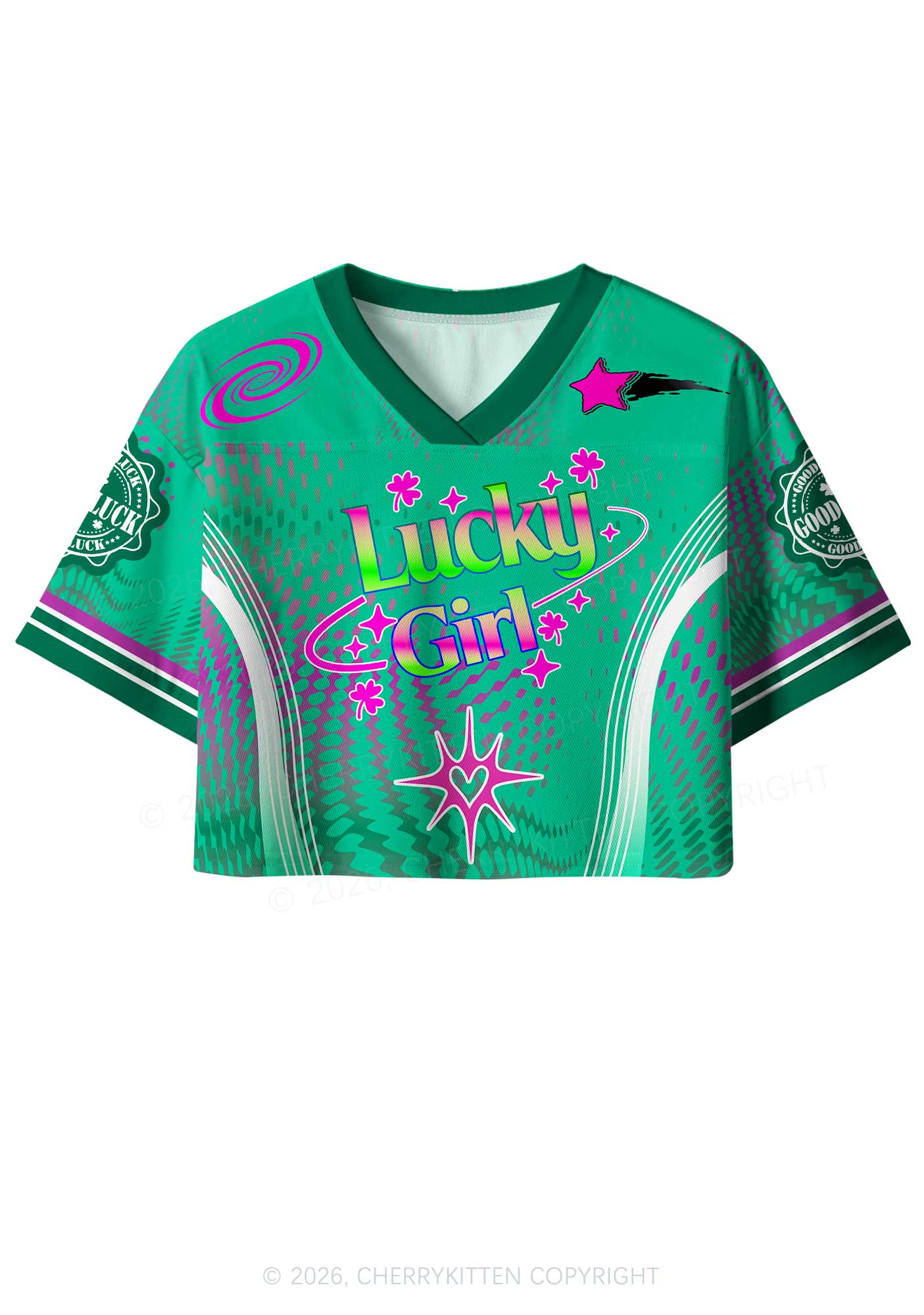 Custom Lucky Girl Pink Shamrock St Patricks Y2K Crop Sport Jersey Shirts Cherrykitten - Image 3