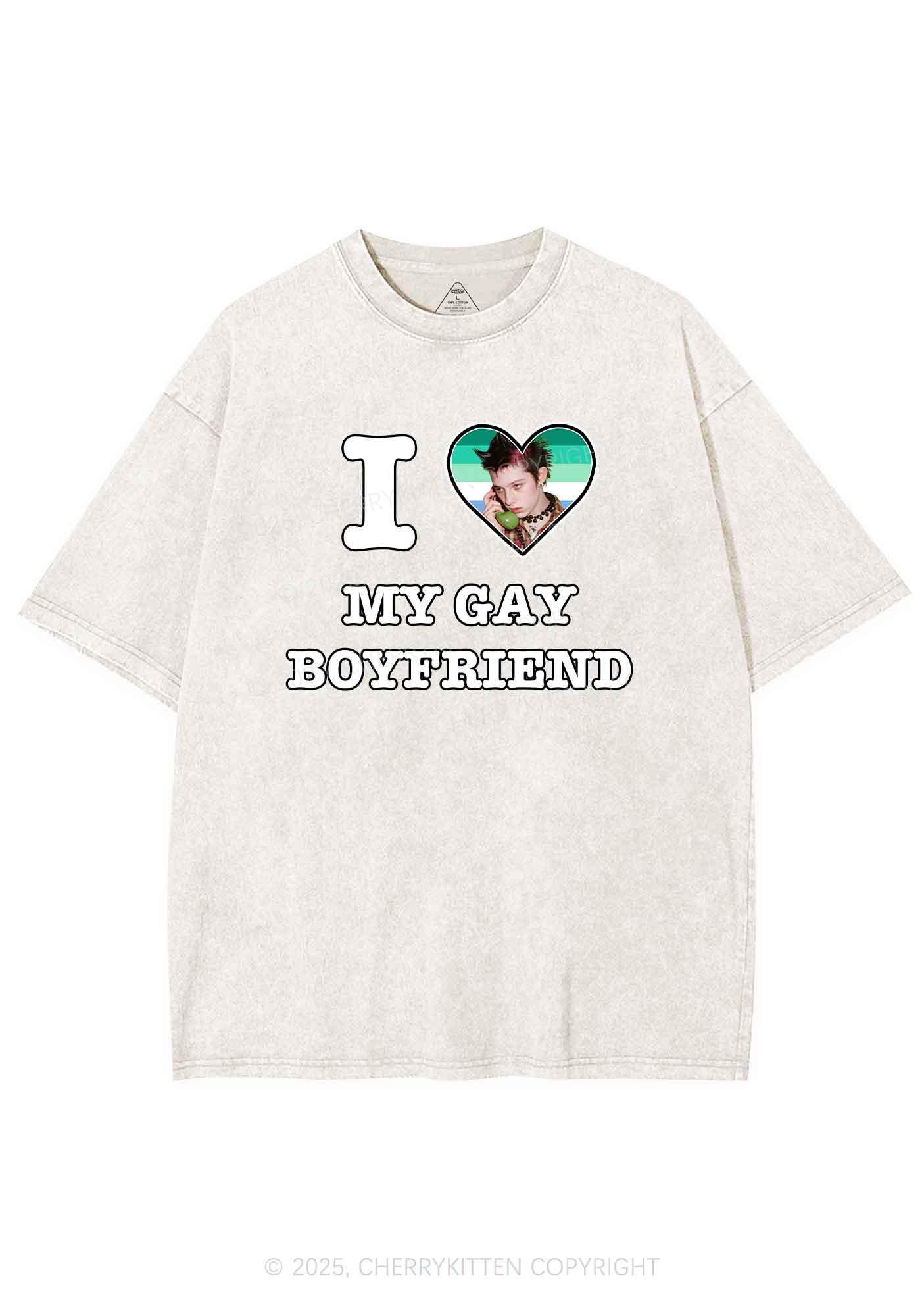 Custom My Gay BF Pride Y2K Shirts Washed Tee Cherrykitten - Image 2
