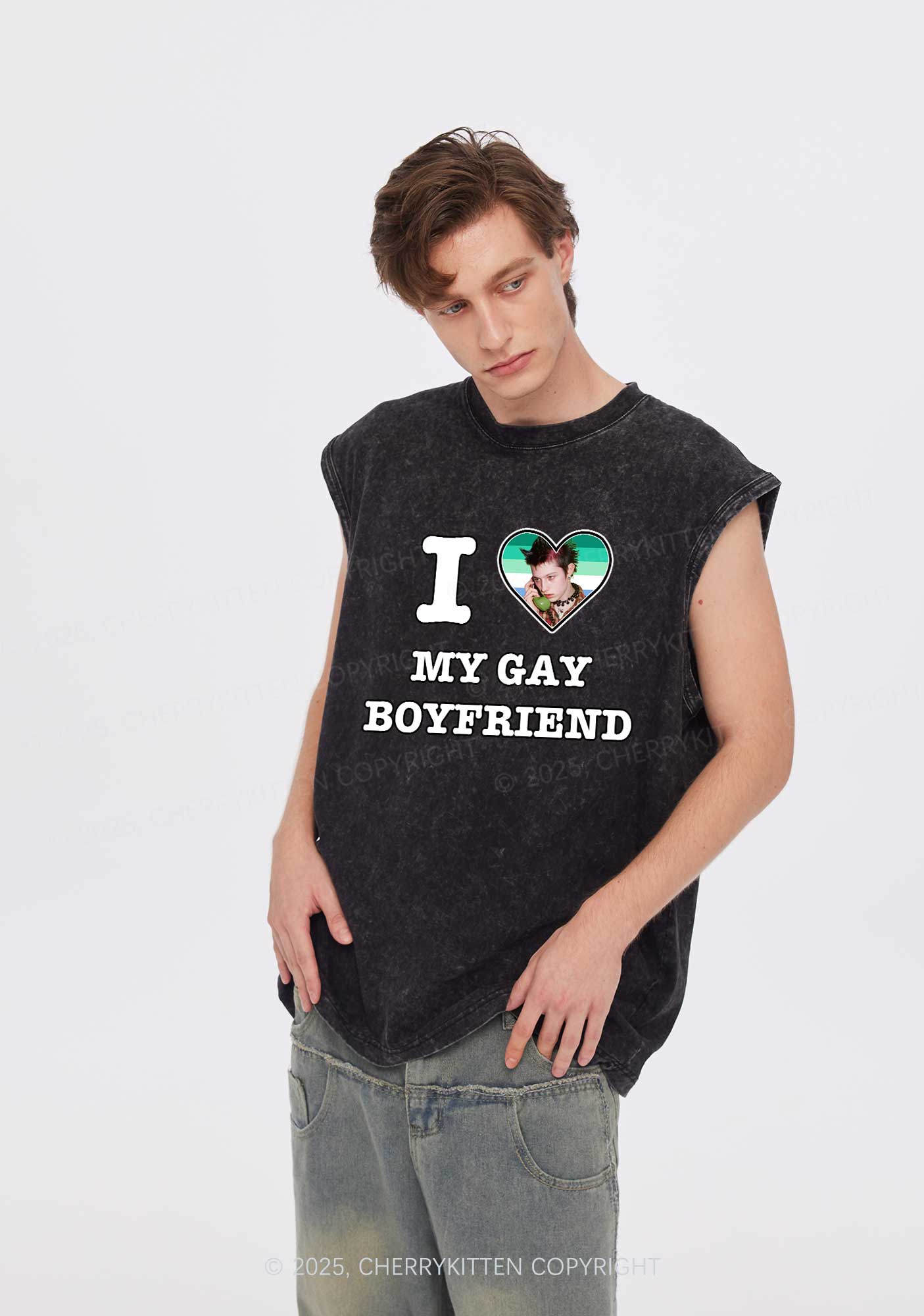 Custom My Gay BF Pride Y2K Washed Muscle Tank Cherrykitten - Image 2
