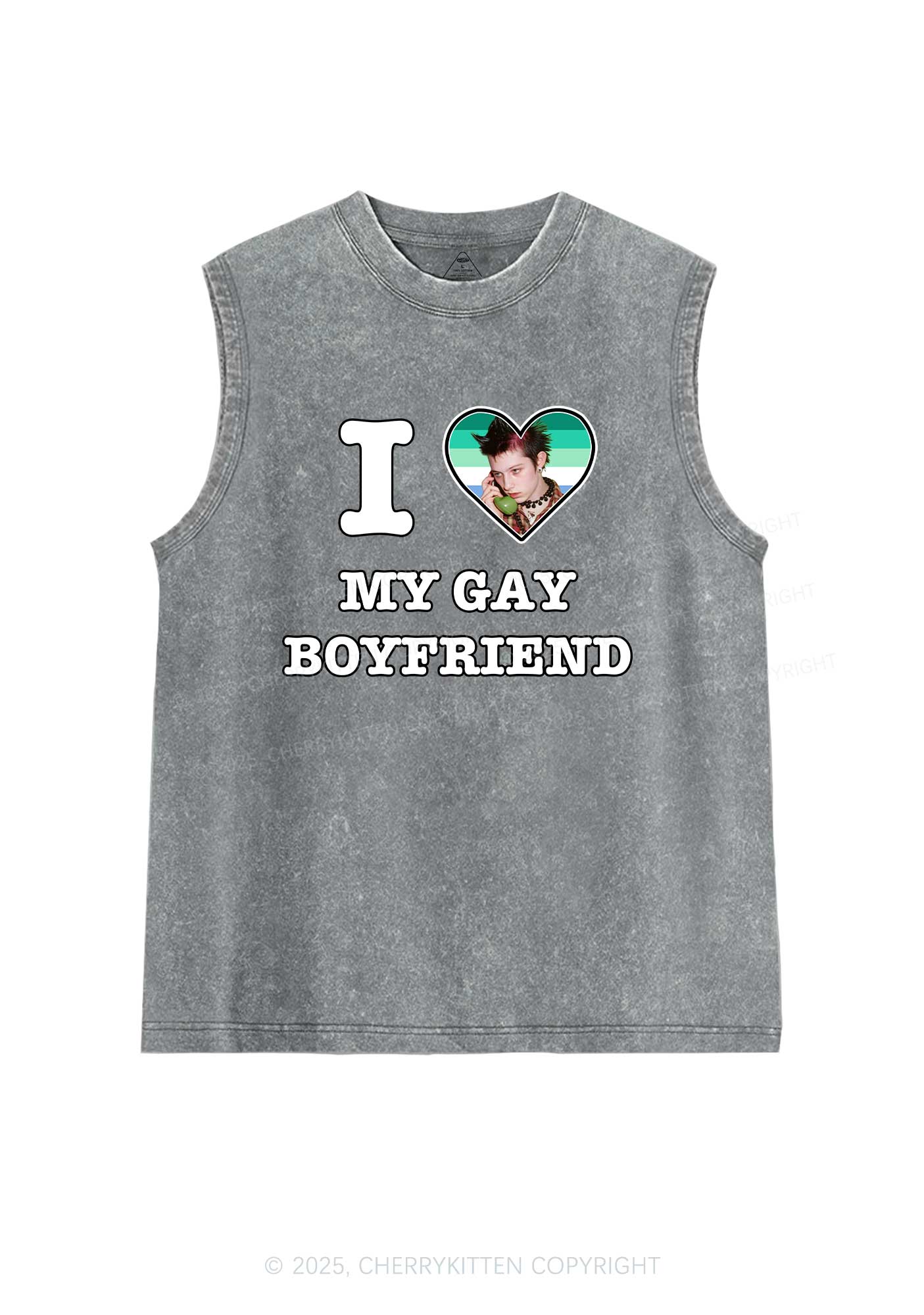 Custom My Gay BF Pride Y2K Washed Muscle Tank Cherrykitten - Image 6