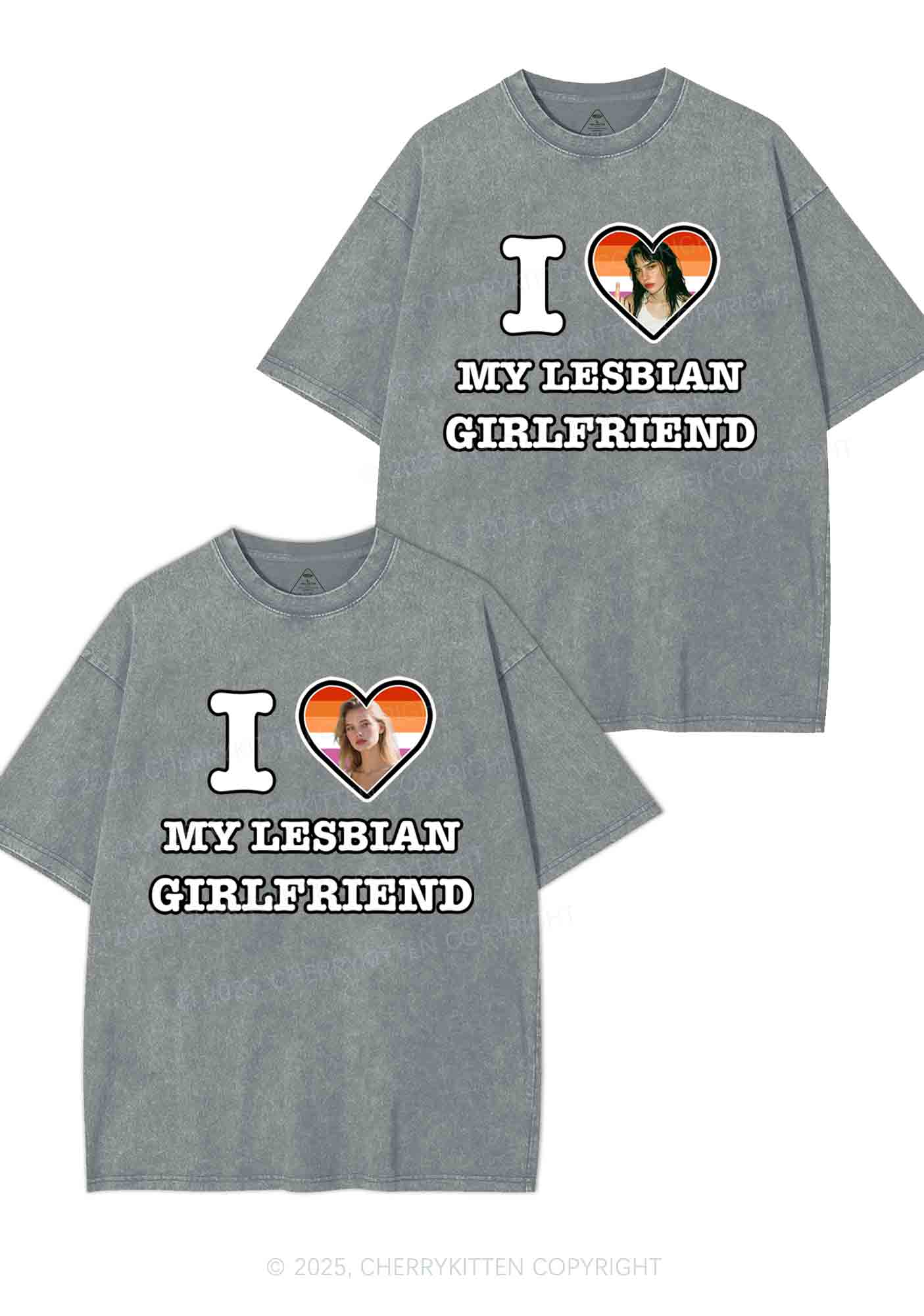 Custom My Lesbian GF Pride Y2K Valentine's Day Washed Tee Cherrykitten - Image 7