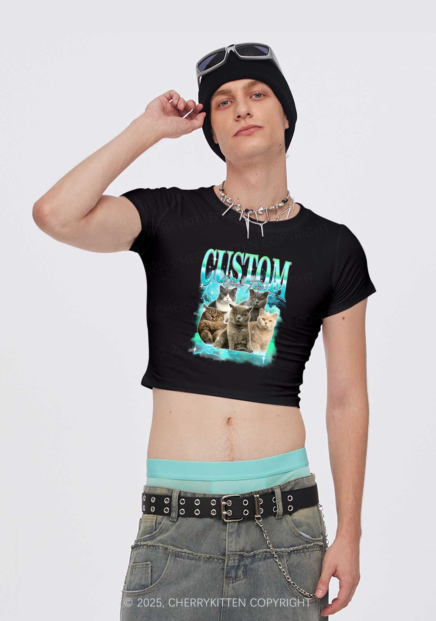 Custom Neon Lightning Cat Photo Y2K Baby Tee Cherrykitten - Image 3