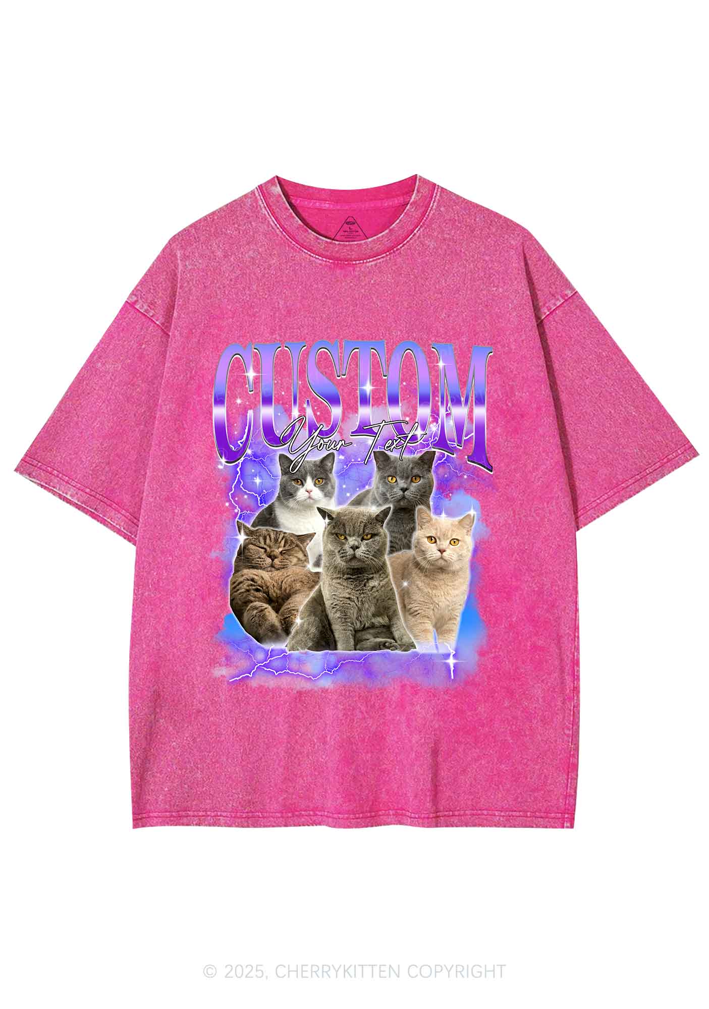 Custom Neon Lightning Cat Photo Y2K Shirts Washed Tee Cherrykitten - Image 4