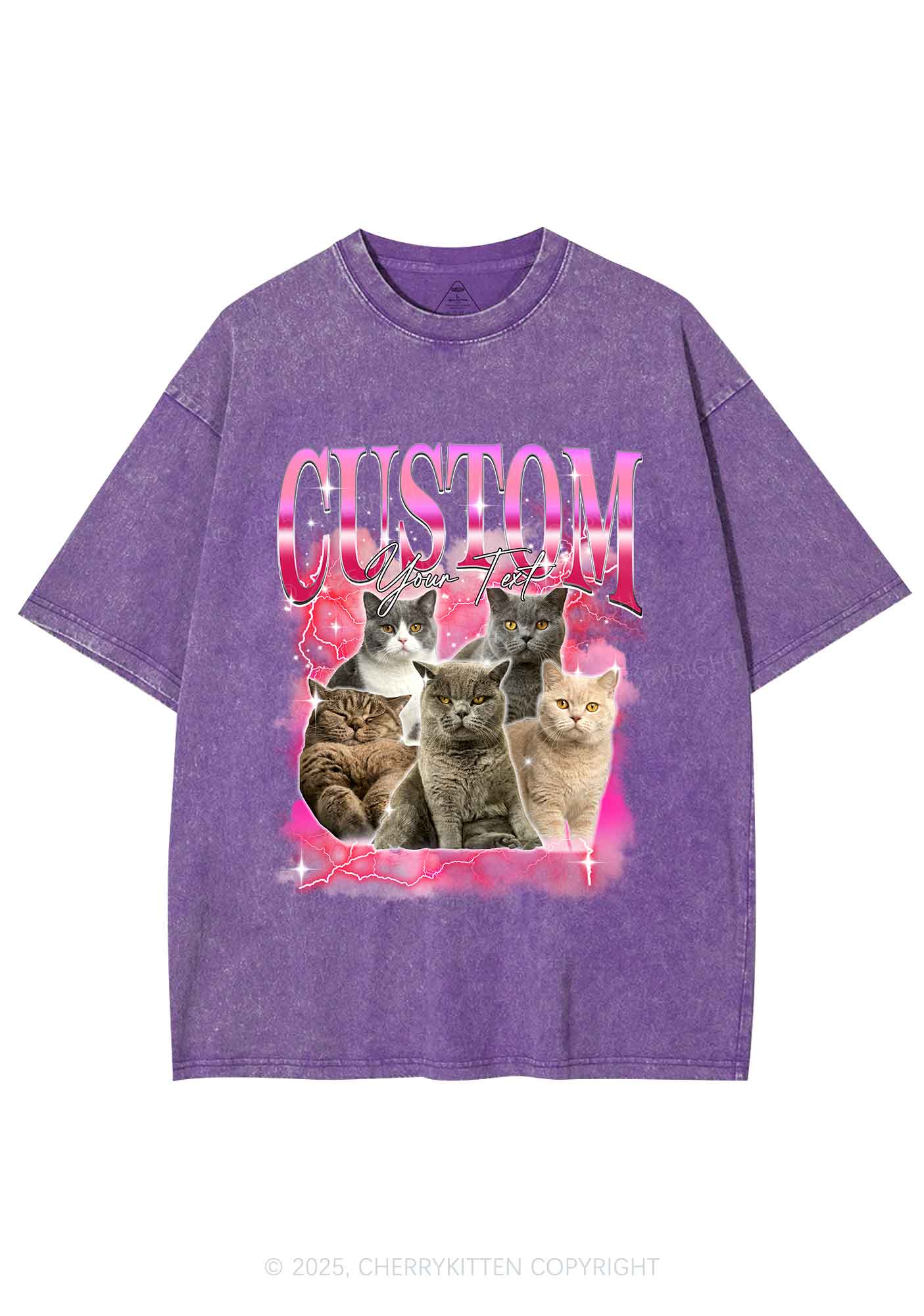 Custom Neon Lightning Cat Photo Y2K Shirts Washed Tee Cherrykitten - Image 5
