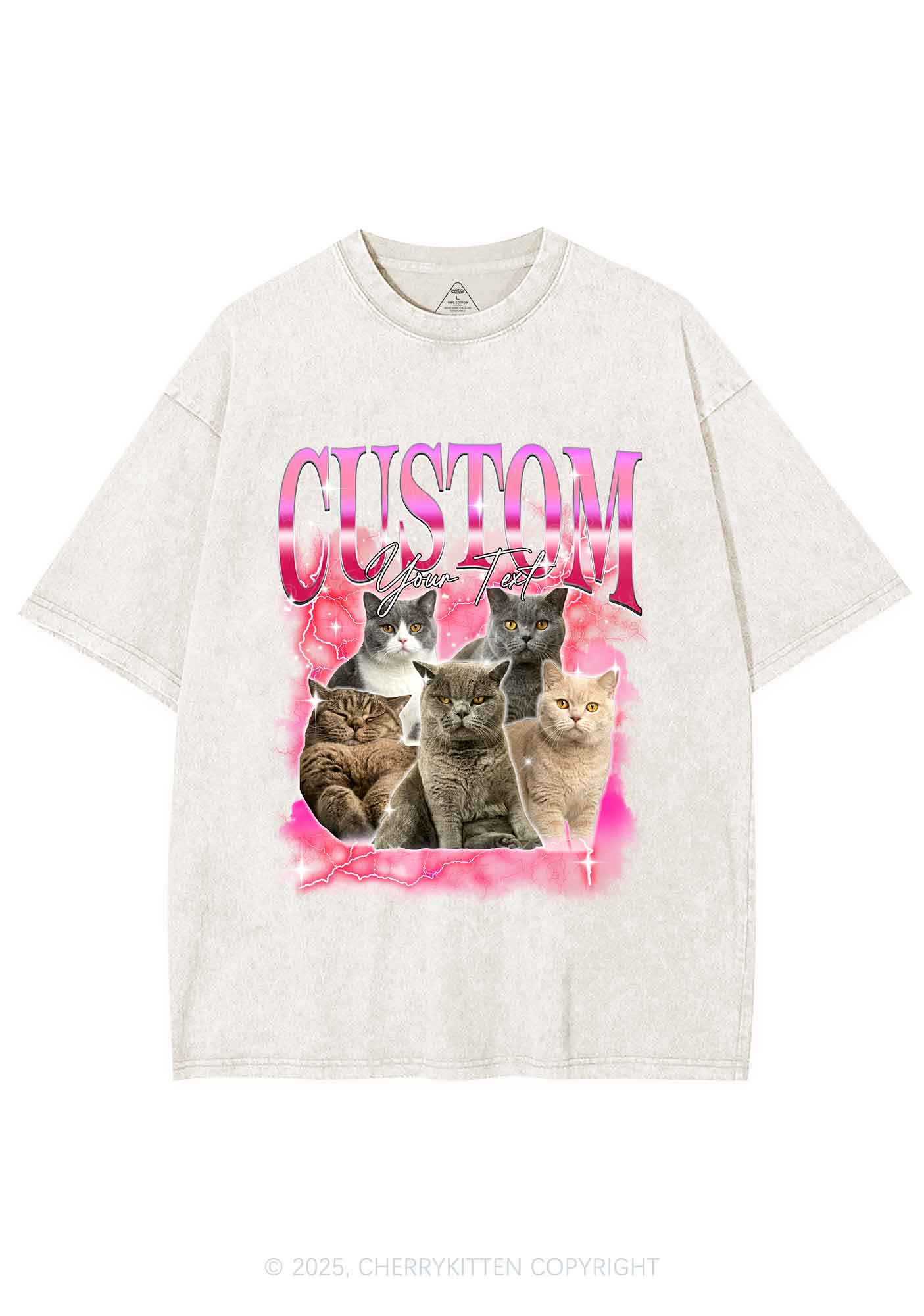 Custom Neon Lightning Cat Photo Y2K Shirts Washed Tee Cherrykitten - Image 6
